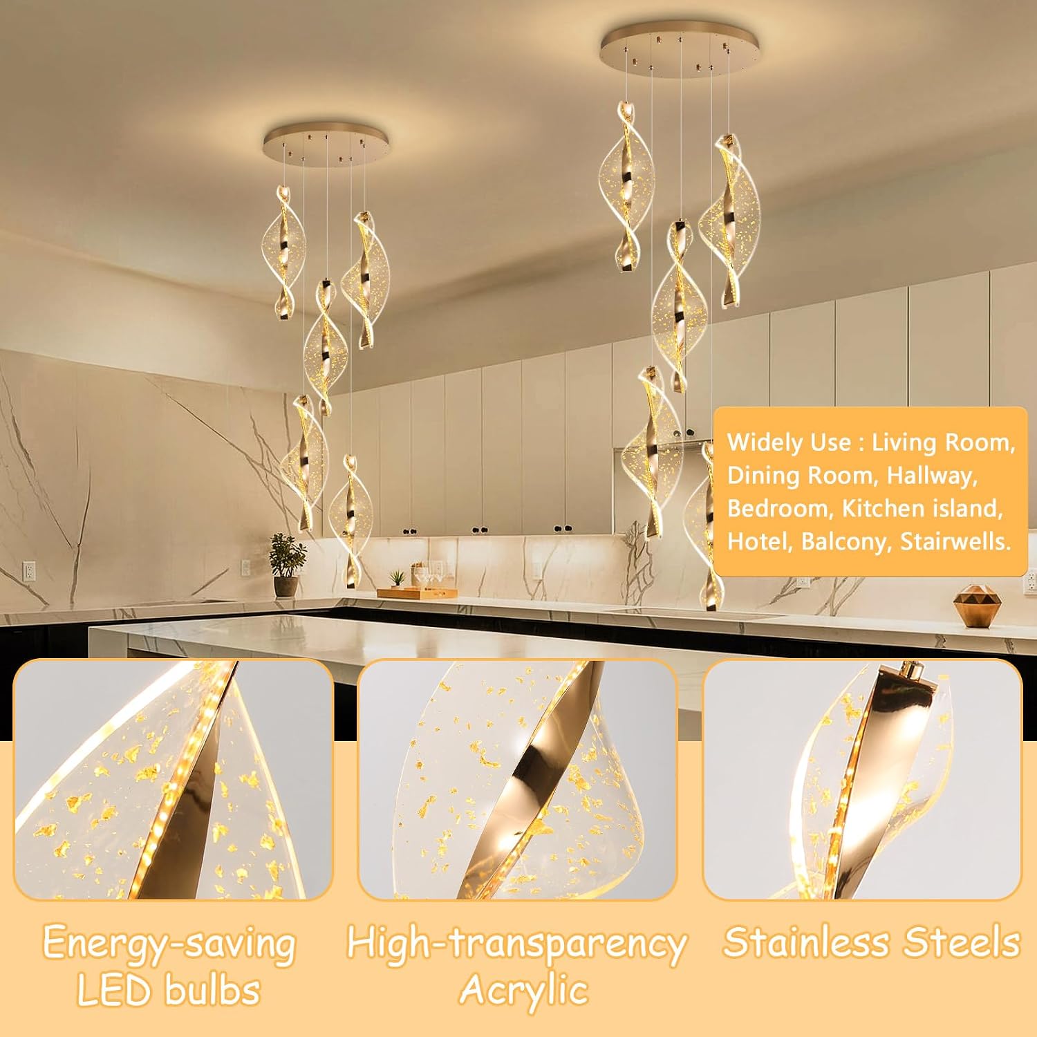 5 Lights Glam Chandelier Modern Pendant Lighting LED Dimmable Acrylic Chandelier for Kitchen Island Dining Room Bedroom Living Room Gold
