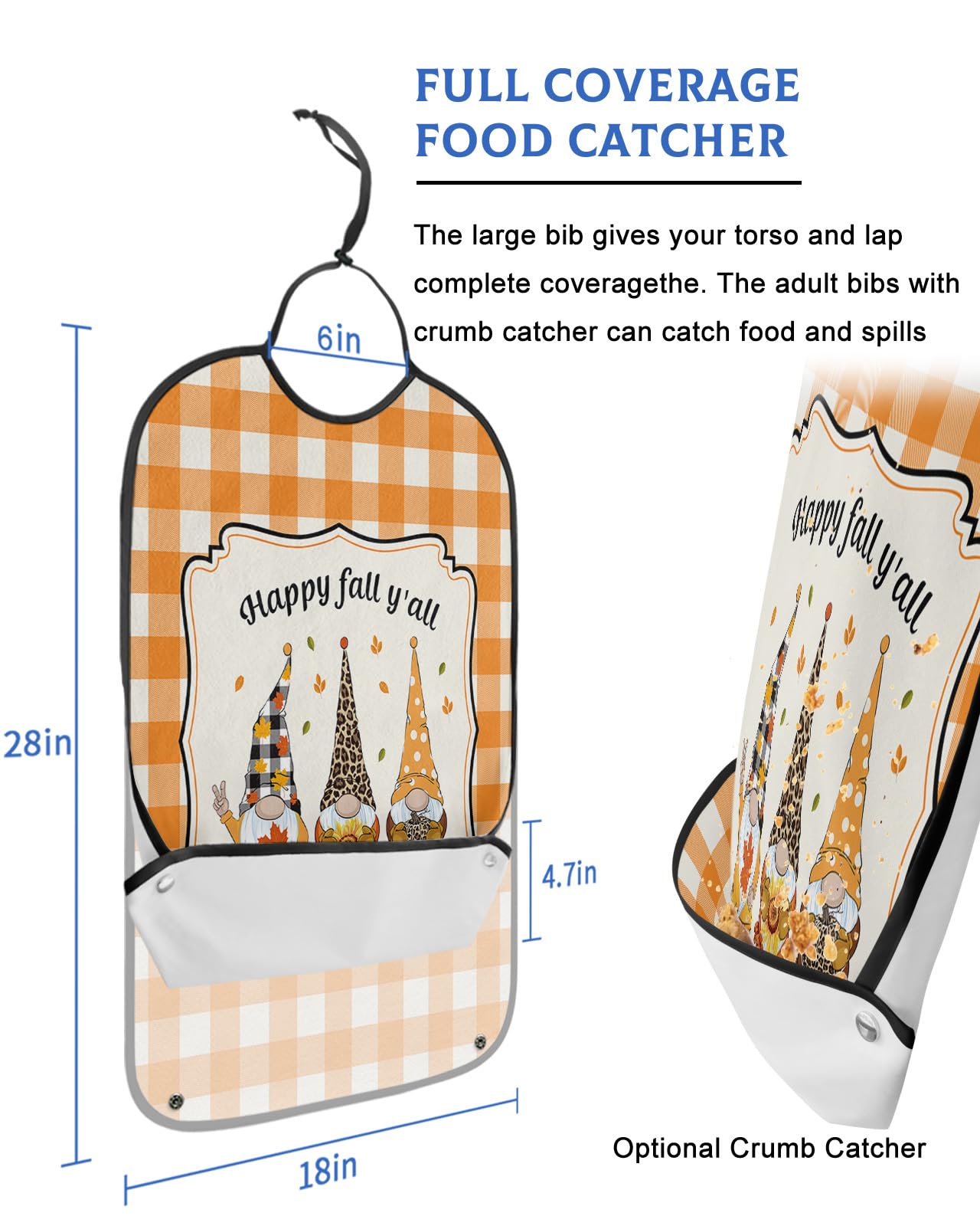 Thanksgiving Gnomes Adult Bibs for Eating, Waterproof Bibs with Food Catcher & Adjustable Snap Closure, Orange Plaid Pumpkin Leaves Washable Clothing Protectors Adult Bibs for Elderly Women/Men