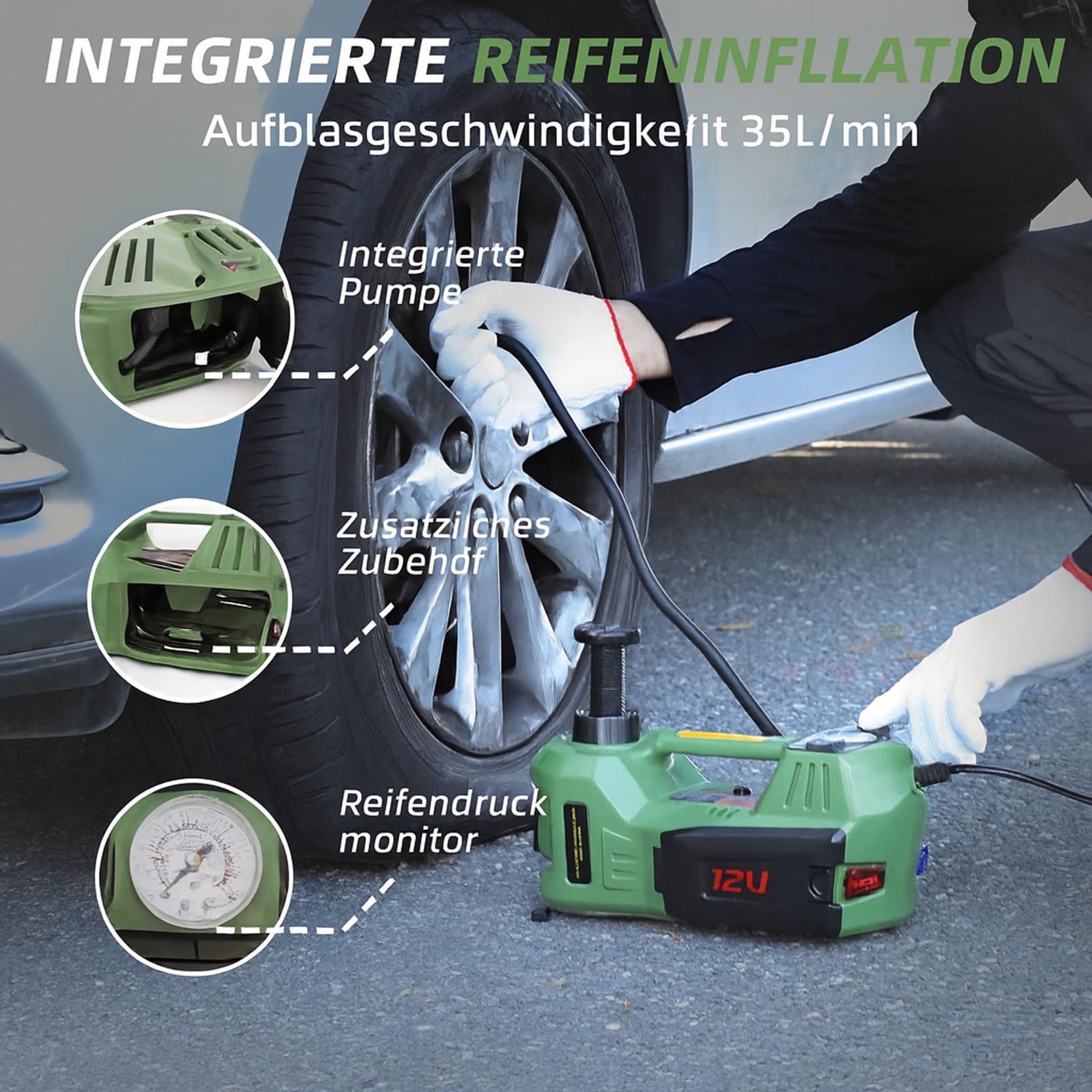 ROGTZ 5 Tonnen Hydraulischer Wagenheber – 4-in-1 Multifunktionales Pannenhilfe-Set mit integrierter Luftpumpe, LED-Licht und Reifenreparatur-Werkzeug für Auto, SUV, LKW