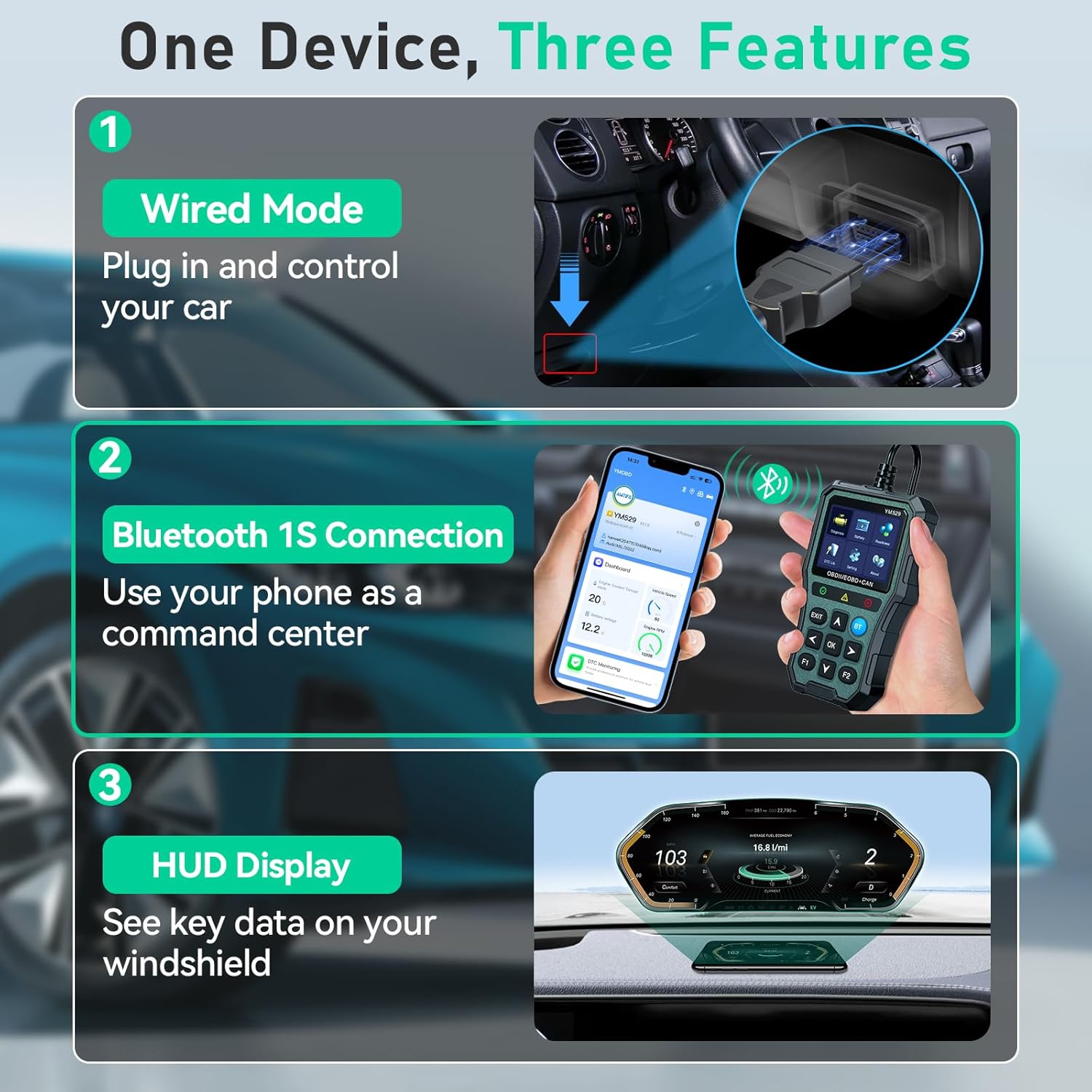 AMTIFO OBD2 Scanner Bluetooth Diagnostic Tool - iOS/Android Compatible, Real-Time Data, Battery Tester, Plug and Play, Emissions Readiness for Car Owners & Mechanics(Army Green)