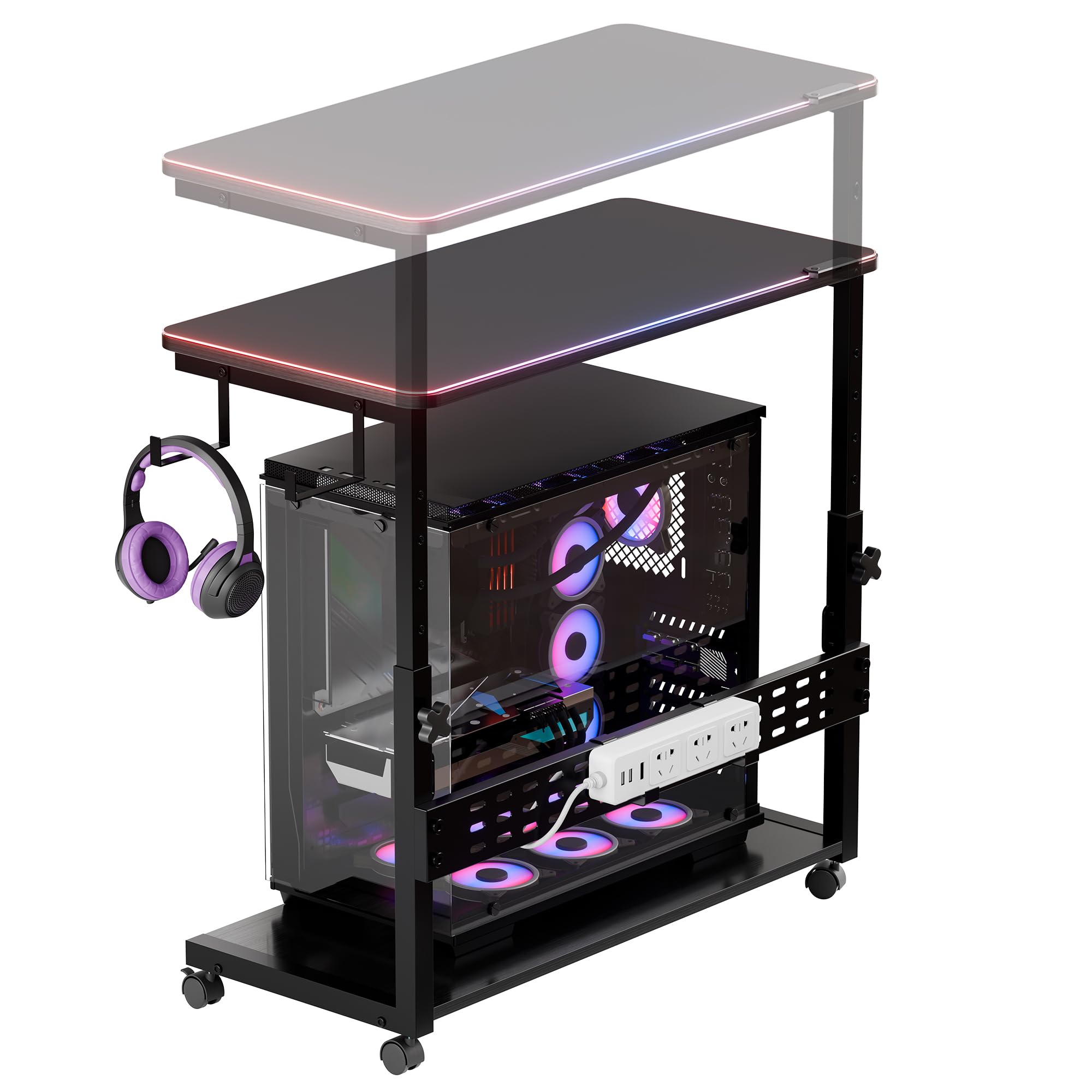 ZIFTY 昇降式pcラック パソコンラック L字デスク対応 PCデスク 70×35cm デスクサイドラック PCワゴン 高さ調整可能(60〜75cm) PCラック ヘッドホンハンガー付 RGBマウスパッド付 通気背板 穴あきパネル付 電源タップ収納 キャスター付き オフィス 家庭用 ブラック
