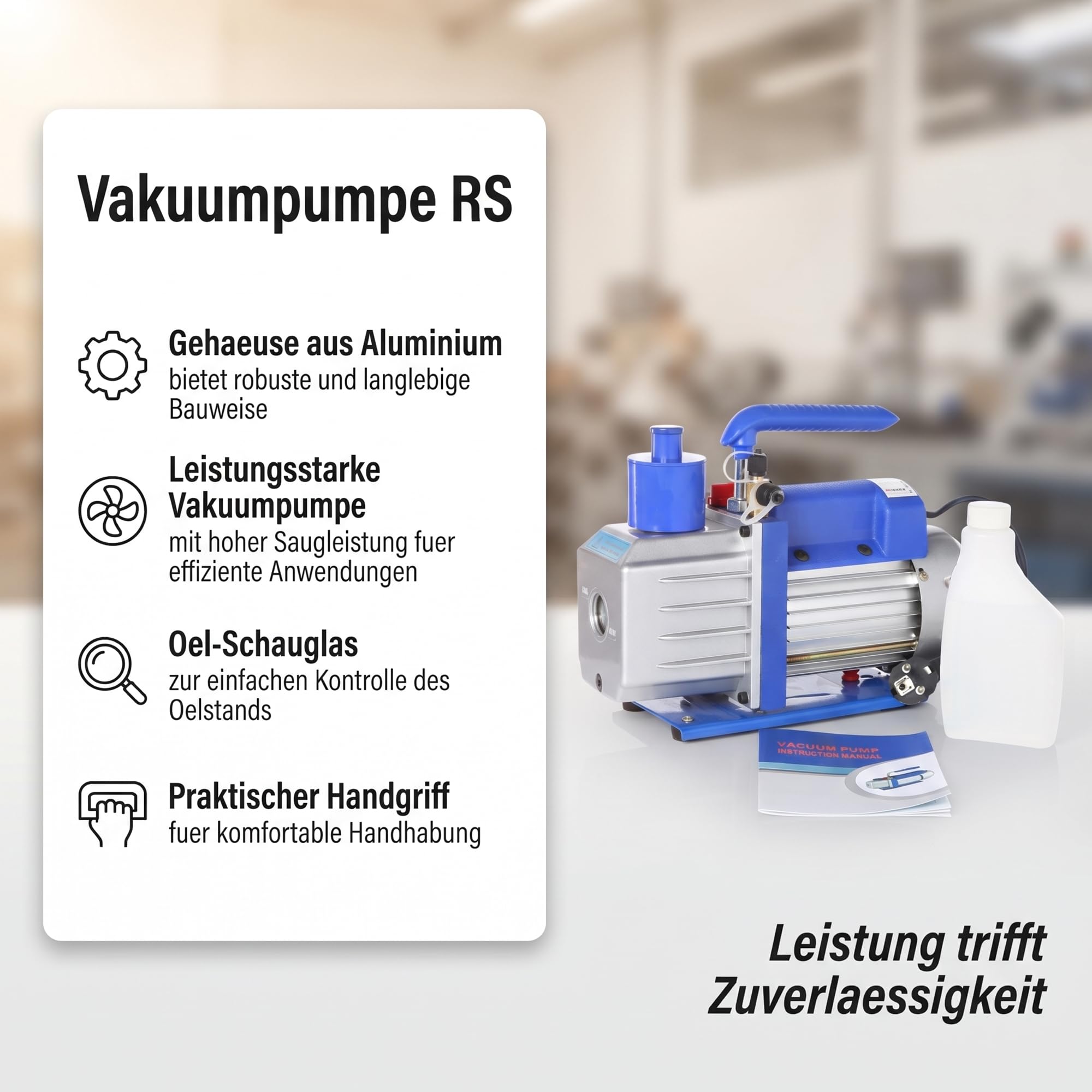 Mucola Vakuumpumpe Unterdruckpumpe für Klimaanlage 127 L/min 5 Pa 230 V | Rückschlagventil gegen Rückströmen, Aluminiumgehäuse leicht, Anschlüsse 1/4 und 3/8 Zoll, Ölbedarf 250 ml, für Kältetechnik
