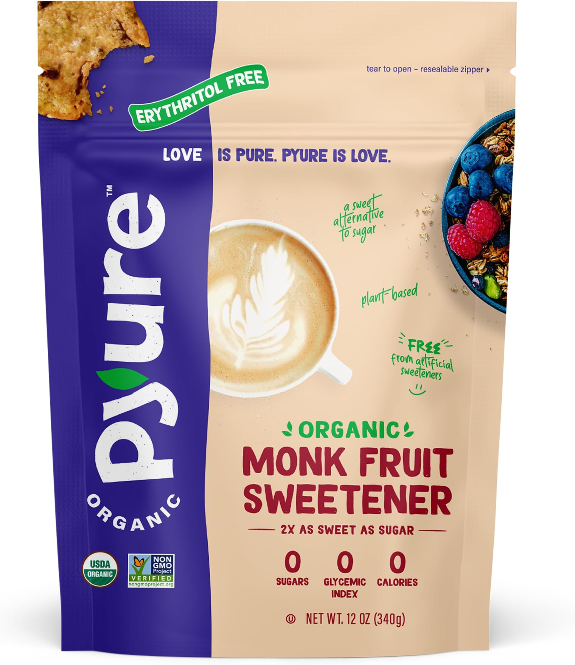 Pyure Organic Monk Fruit Sweetener | Zero Calorie Sugar Substitute, 12 Oz | Organic monk fruit sweetener for baking, coffee, tea, keto, diabetic, vegan, zero calorie, zero carb, and low sugar diets