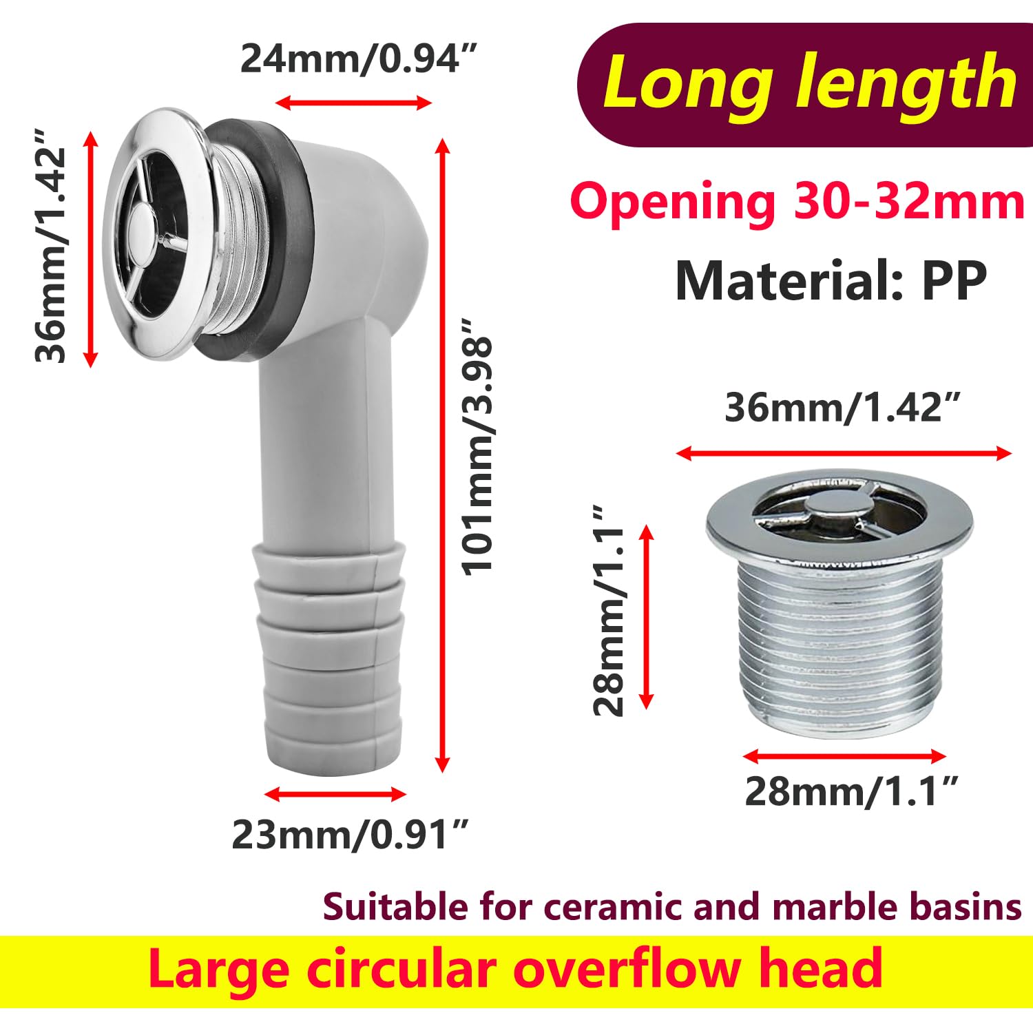 Ctyjia 1 Pieces Sink Overflow Kit, Ceramic and Marble Sink Strainer, Dia 36mm, Overflow Head Sink with 450mm Tube - Image 2