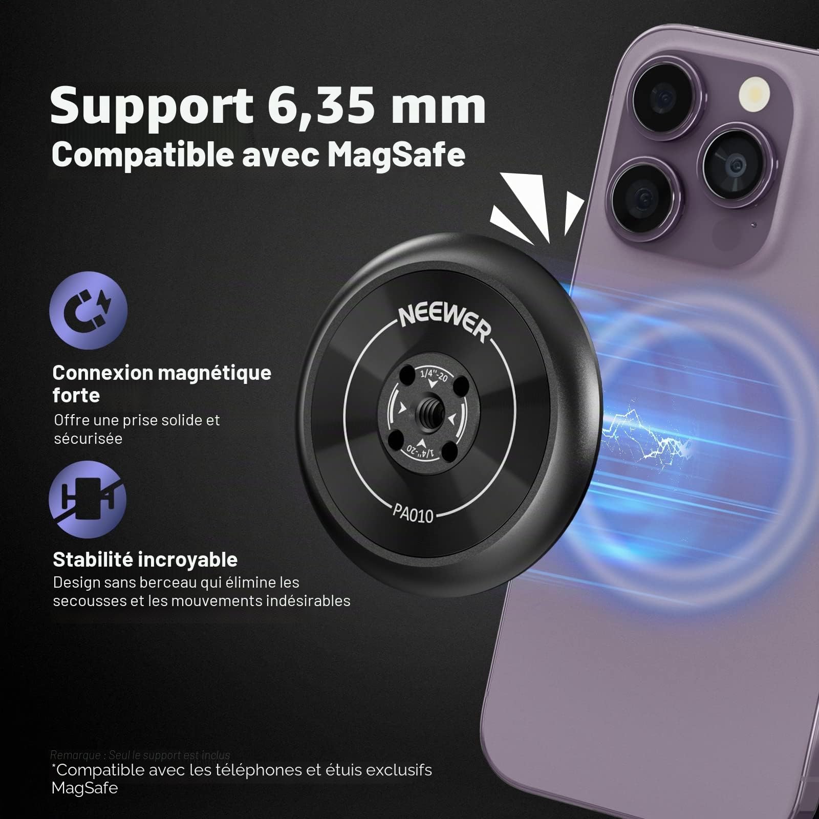 NEEWER Adaptateur trépied de téléphone magnétique avec Trous de 1/4" Compatible avec iPhone MagSafe Selfie Stick pour 15 Pro Max 15 Plus 14 13 12 Pro Max Mini, PA010