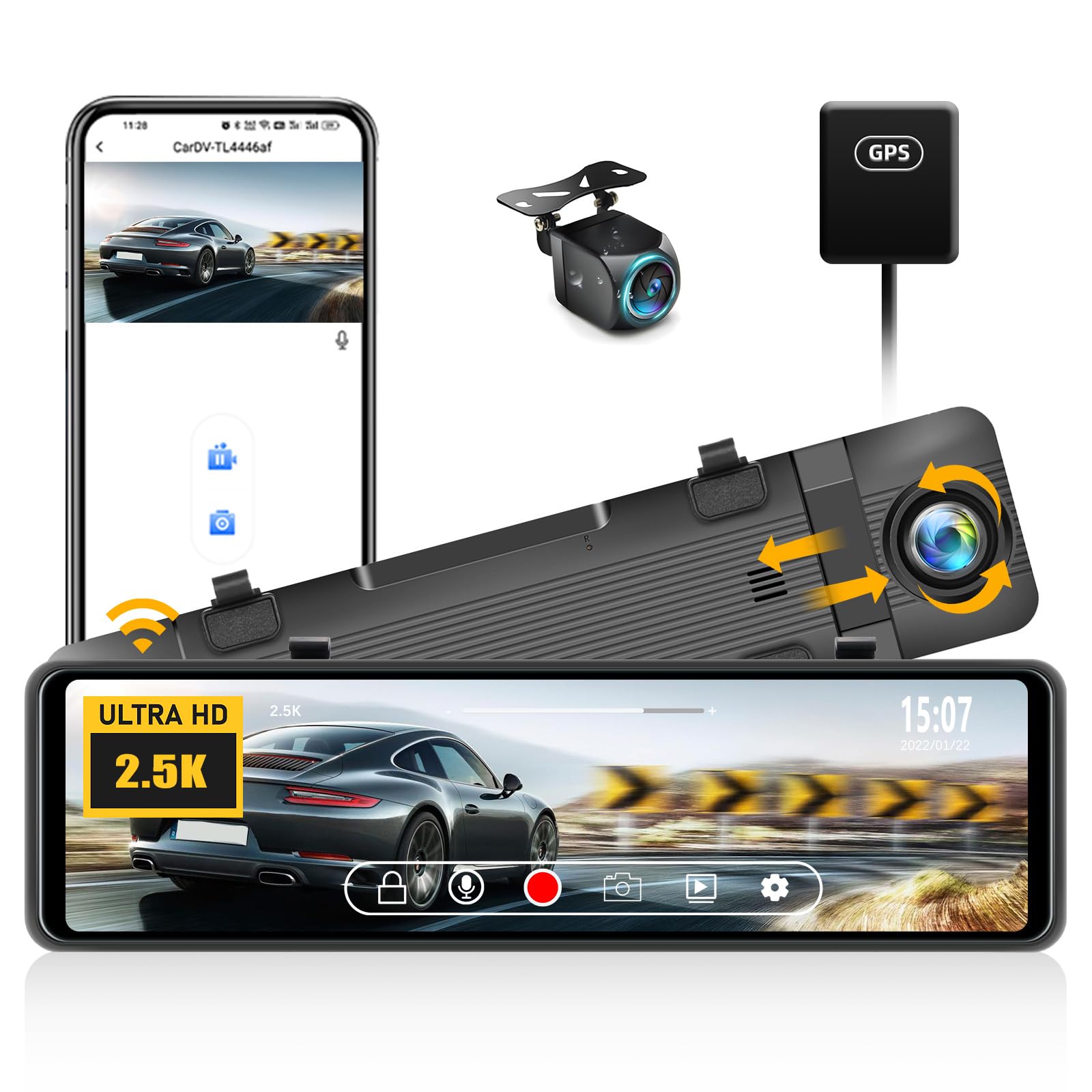 SIXTOP Dash Cam 10 Pulgadas, Espejo Inteligente para Coche con GPS/Cámara Doble Panel/Visión Nocturna/Tarjeta 64G+Cámara de visión trasera