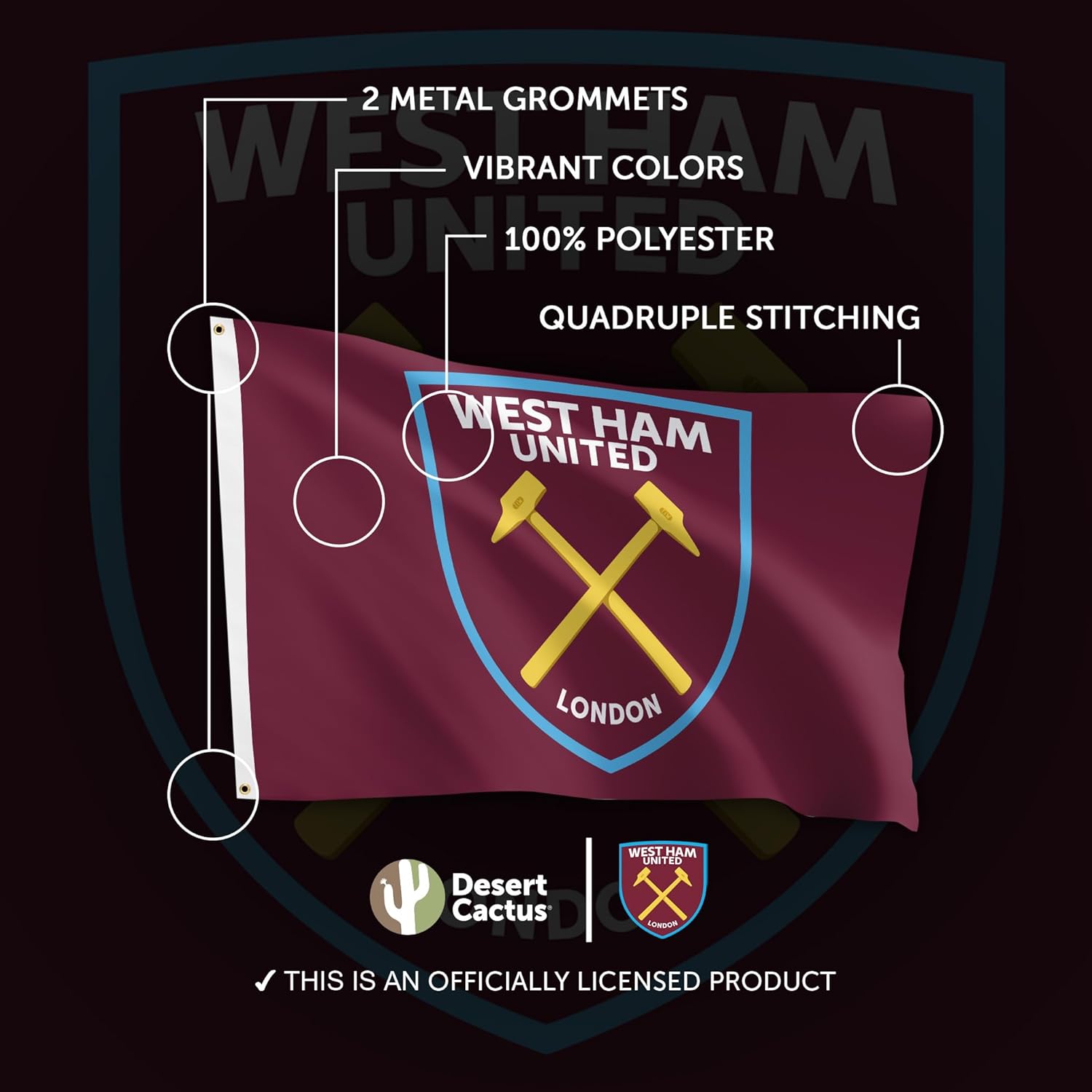 Desert Cactus West Ham United Flag Hammers Football Soccer 100% Polyester Indoor Outdoor 3x5 feet Banner (Flag A) - Image 4