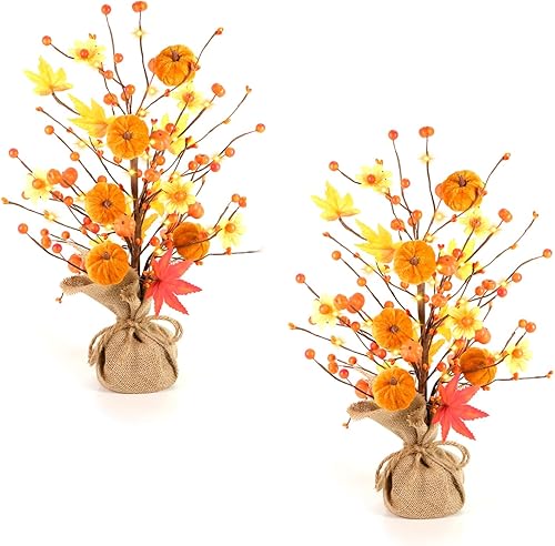 Decoraciones de otoño para el hogar, paquete de 2 árboles artificiales de hoja de arce de calabaza de otoño de 24 pulgadas con luces para mesa de