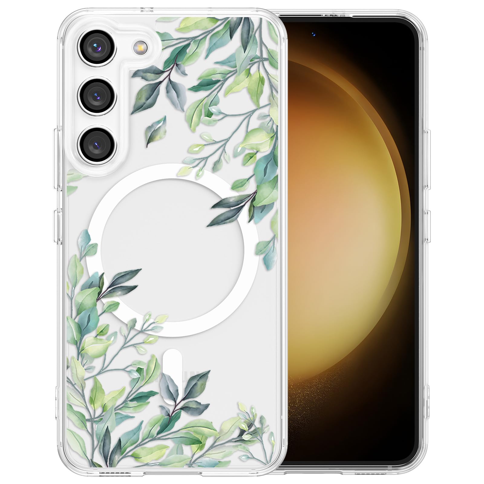 RALEAVO for Samsung Galaxy S23 Case Compatible with MagSafe Clear Floral Cover with Green Leaves Pattern for Girls Women Slim Cute Hard Back