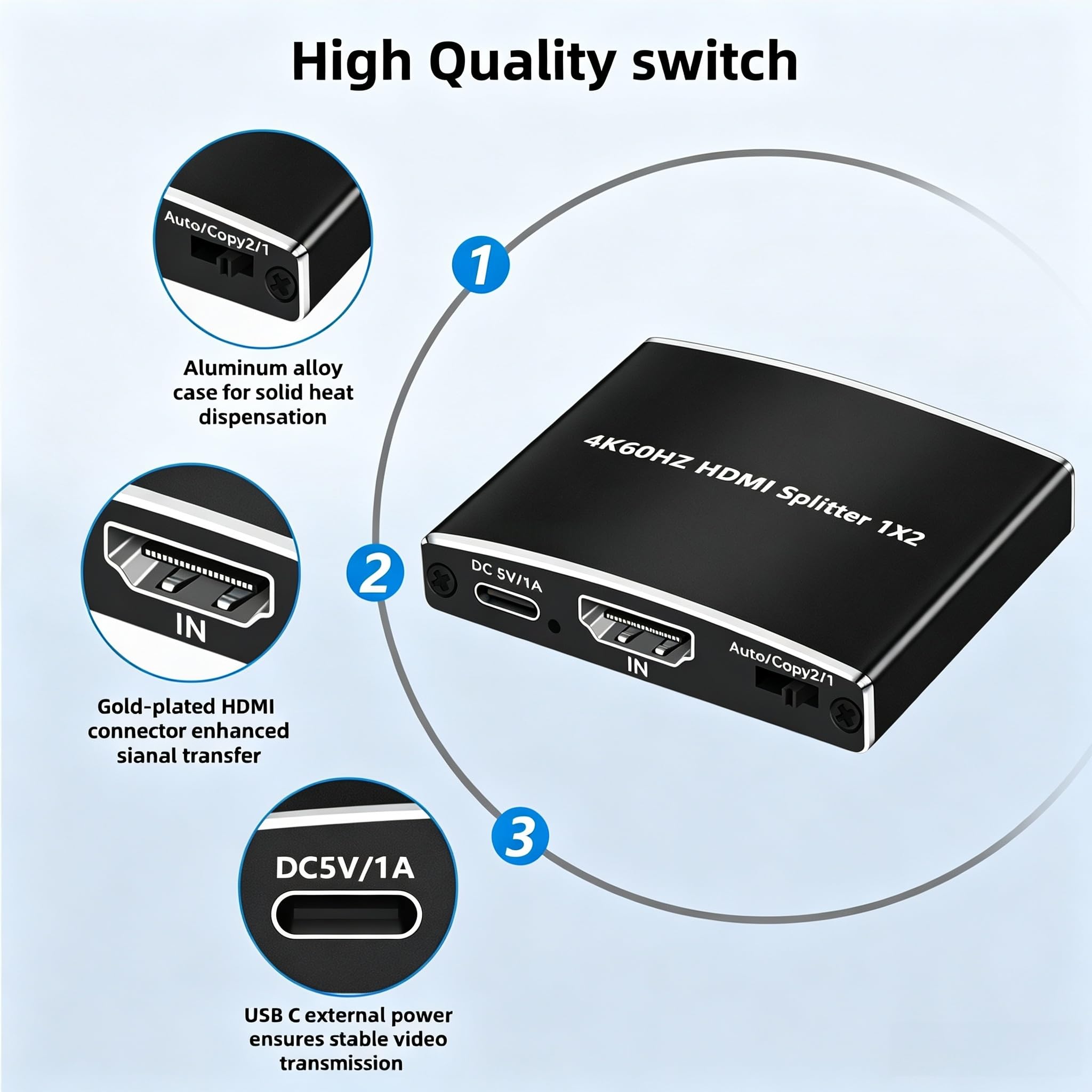 Splitter HDMI 1 in 2 Out, 4K @ 60Hz 1 x 2 HDMI Splitter supporta 3D e 1080P @ 60Hz, duplicate/mirroring da una sorgente a due display, splitter ultra HD ad alta velocità per PC, laptop, B0X, PS5, Roku