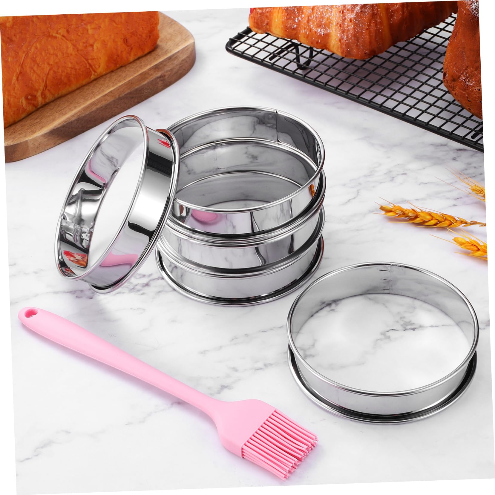 Luxshiny Moldes Redondos para Hornear Galletas y Pasteles de 4 Pulgadas | Acero Inoxidable, Borde Rizado, 1 Juego con Cepillo, Uso Doméstico Anfitriones de Fiesta