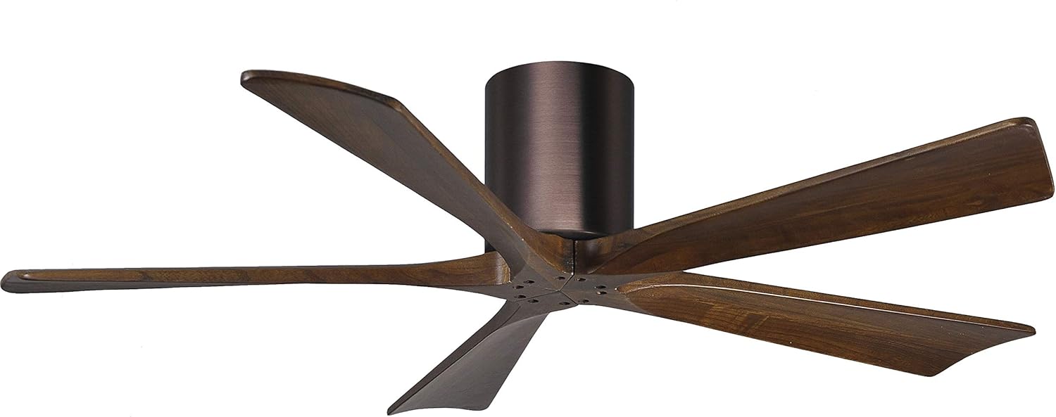 Matthews IR5H-BB-WA-52 Irene Damp Rated 52" Flush Mount Ceiling Fan with Remote & Wall Control, Silent DC Motor, 5 Walnut Tone Solid Wood Blades, Brushed Bronze