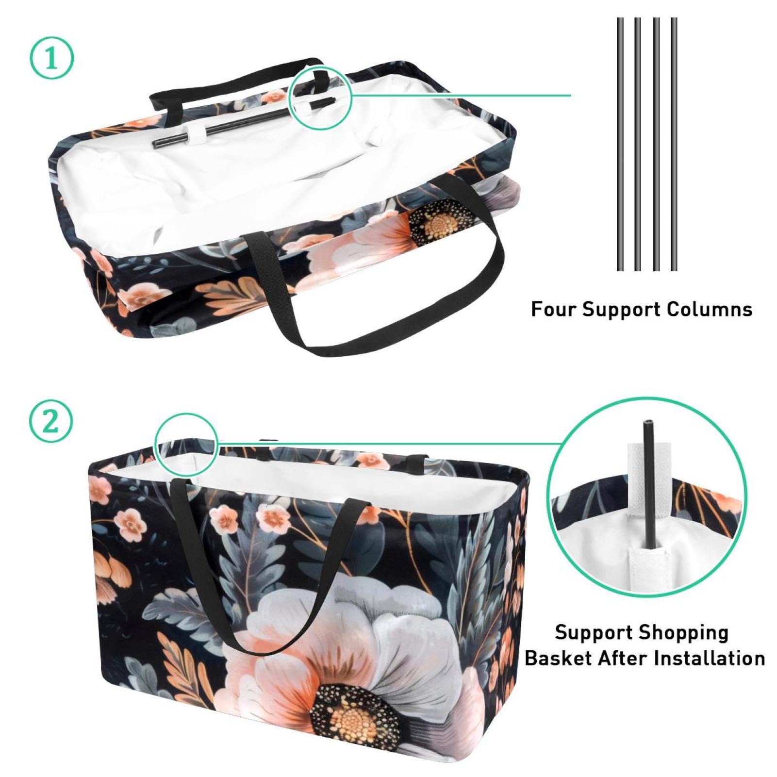 Sac de courses réutilisable, pliable, sac fourre-tout utilitaire lavable, tient debout pour pique-nique, camping – Motif floral rose sur noir, multicolore, 22.0x12.6x11.4 in/56x29x32 cm