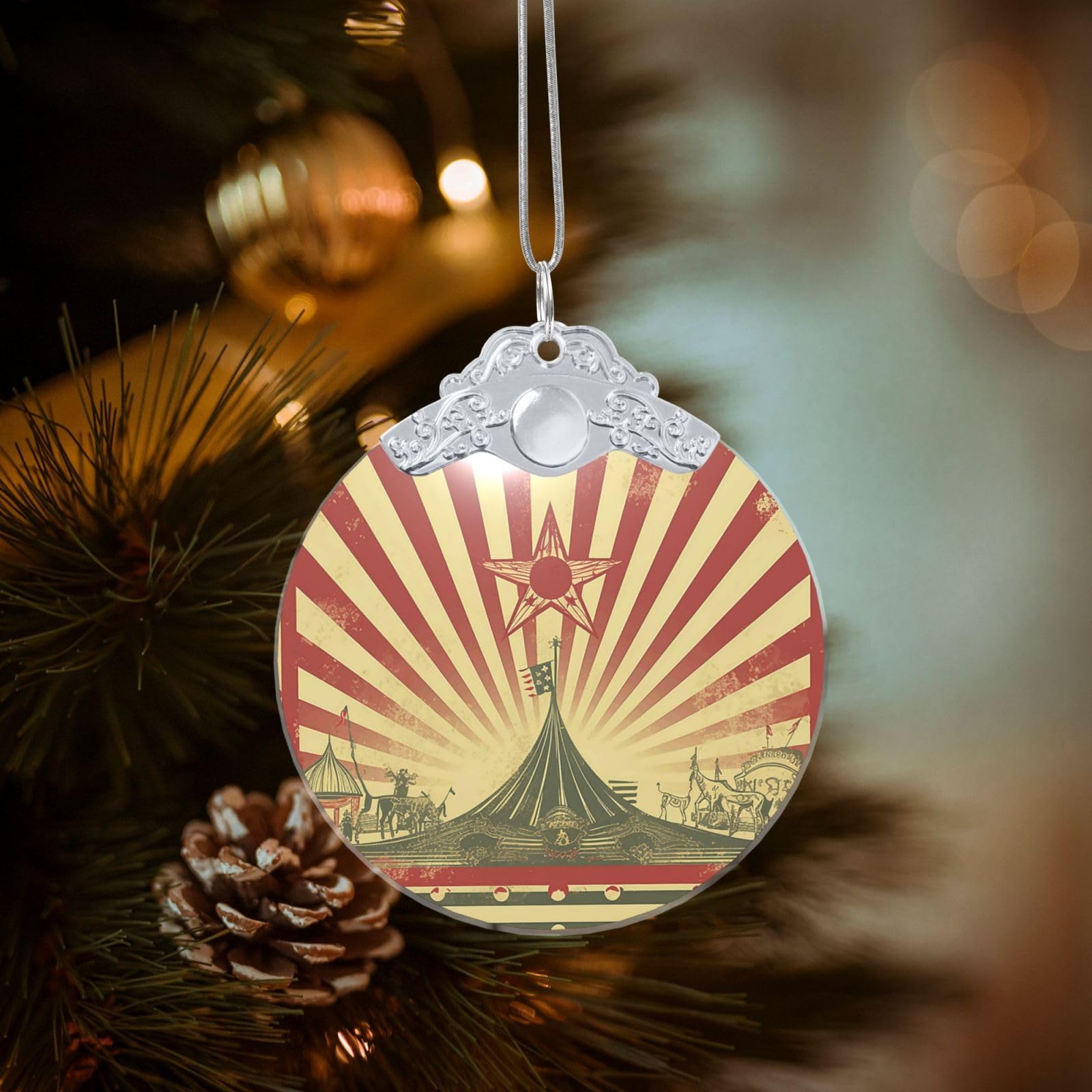 Crystal Christmas Ornaments for Christmas Tree Decoration Hanging Vintage Circus Background Ornament with Gold Ribbon Crafts Round Pendant for Keepsake Gifts Glass Xmas Decor Party Supplies