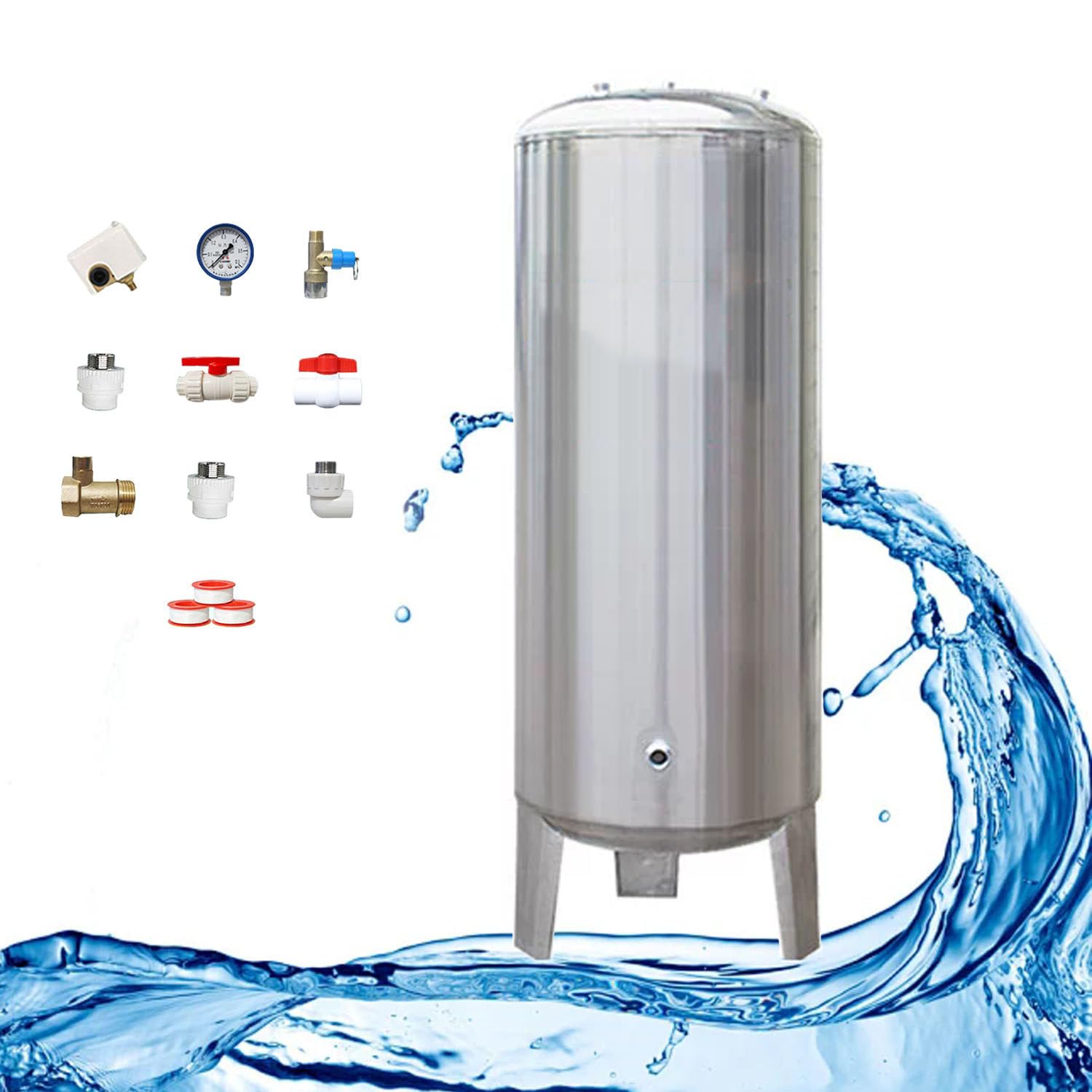 Druckbehälter Druckkessel 60 100 160 200 250 300 L Wasserspeicher Drucktank 220v, Edelstahl Hohe Vordruckbehälter Tragbar, Druckspeicher,250L/66Gal-50x135cm