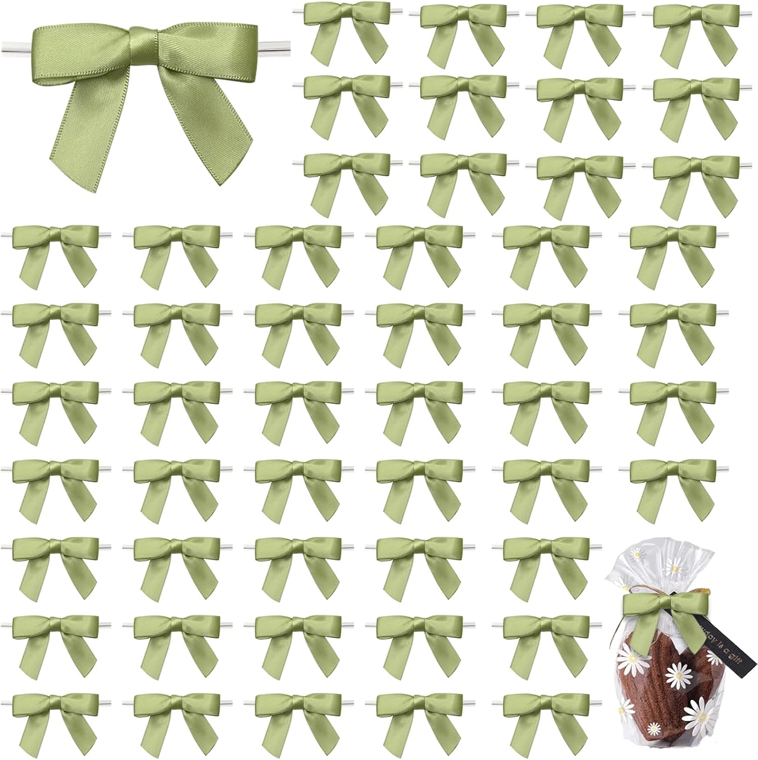 50 Pack Satin Twist Tie Bows for Gift Bags & Wedding Deco,2.5 Inch Pre-Tied Ribbon Bows for Gift Wrapping, Birthday & Party Event Decorations (Light Green)