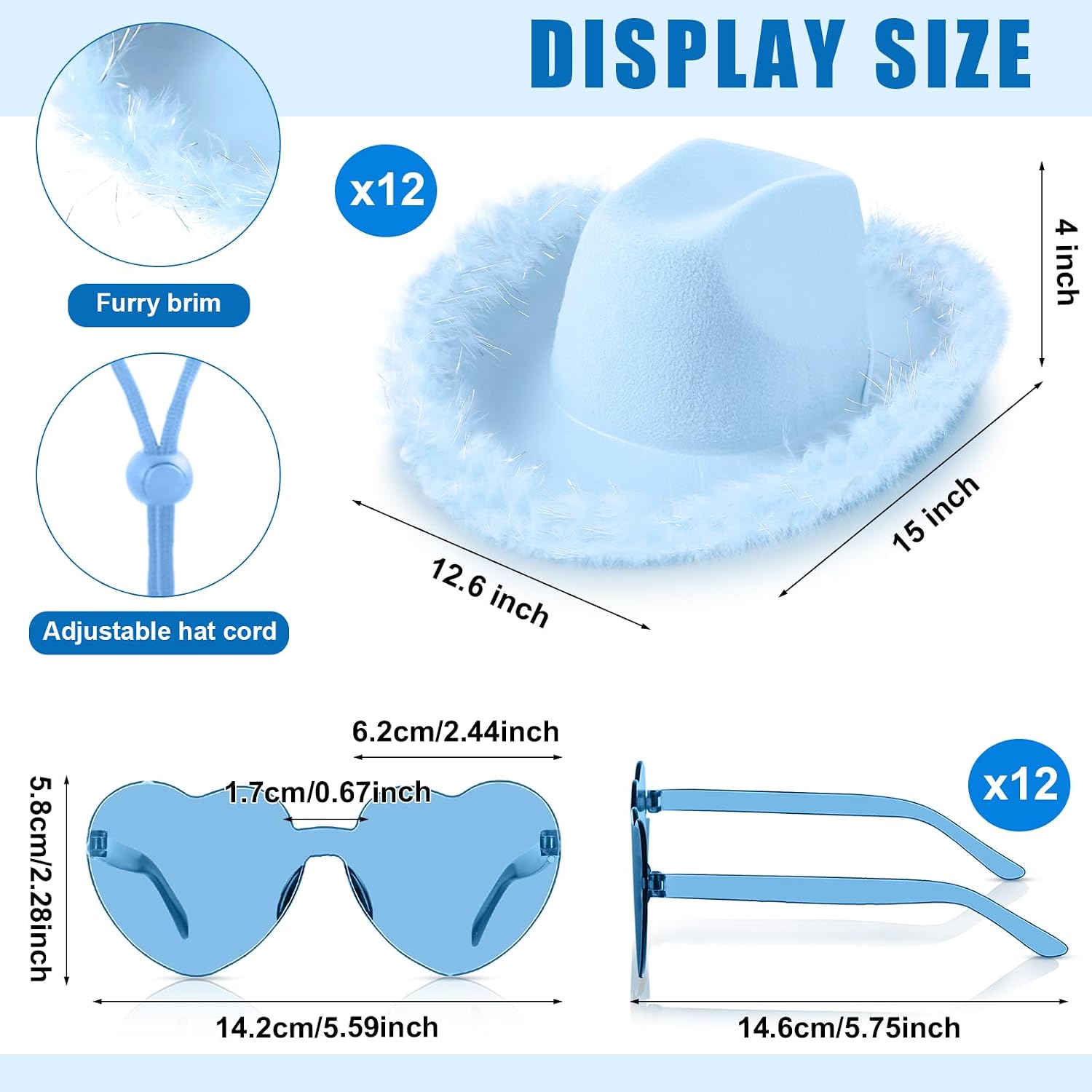 Zhanmai Cowboy Hat Cowgirl Hat with Feathers and Heart Sunglasses for Bachelorette Party, Costume Party