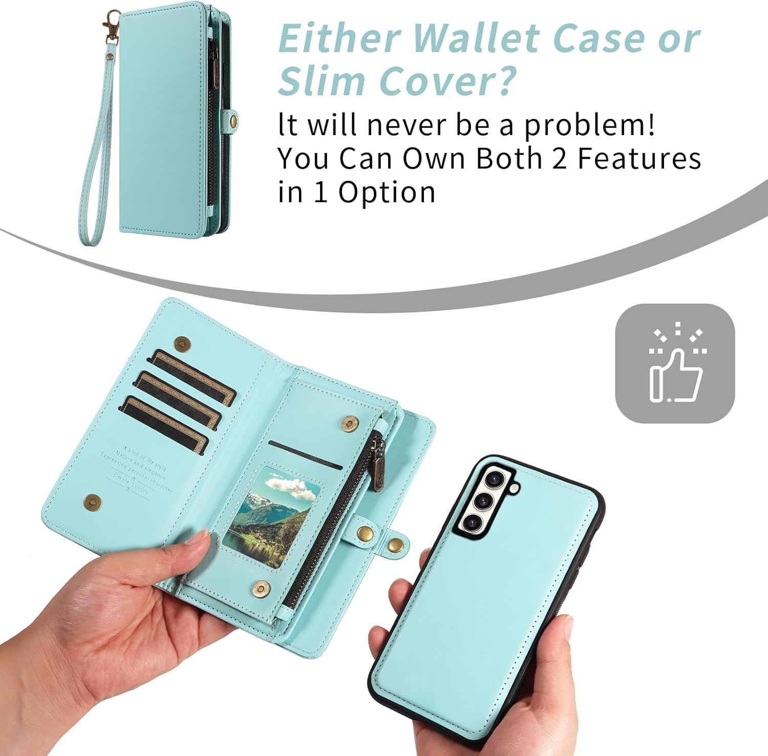 Phone Case for Samsung Galaxy S23 Plus S23+ 5G Zipper Wallet Detachable Cover with Screen Protector Crossbody Lanyard Strap Flip Card Holder Slot S23plus 23S + S 23 23+ SM-S916U 6.6 inch Green