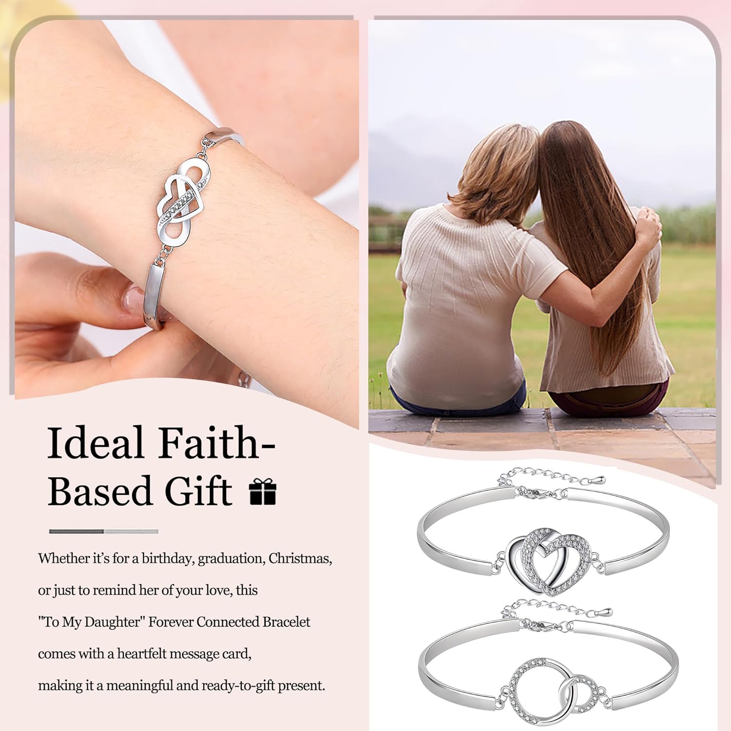 To My Daughter Forever Connected Bracelet, Infinity Forever Love Heart Bracelets, Mom's Strength And Love Are Alwayswith Her, Adjustable Inspirational Gift Jewelry for Daughter - Image 6