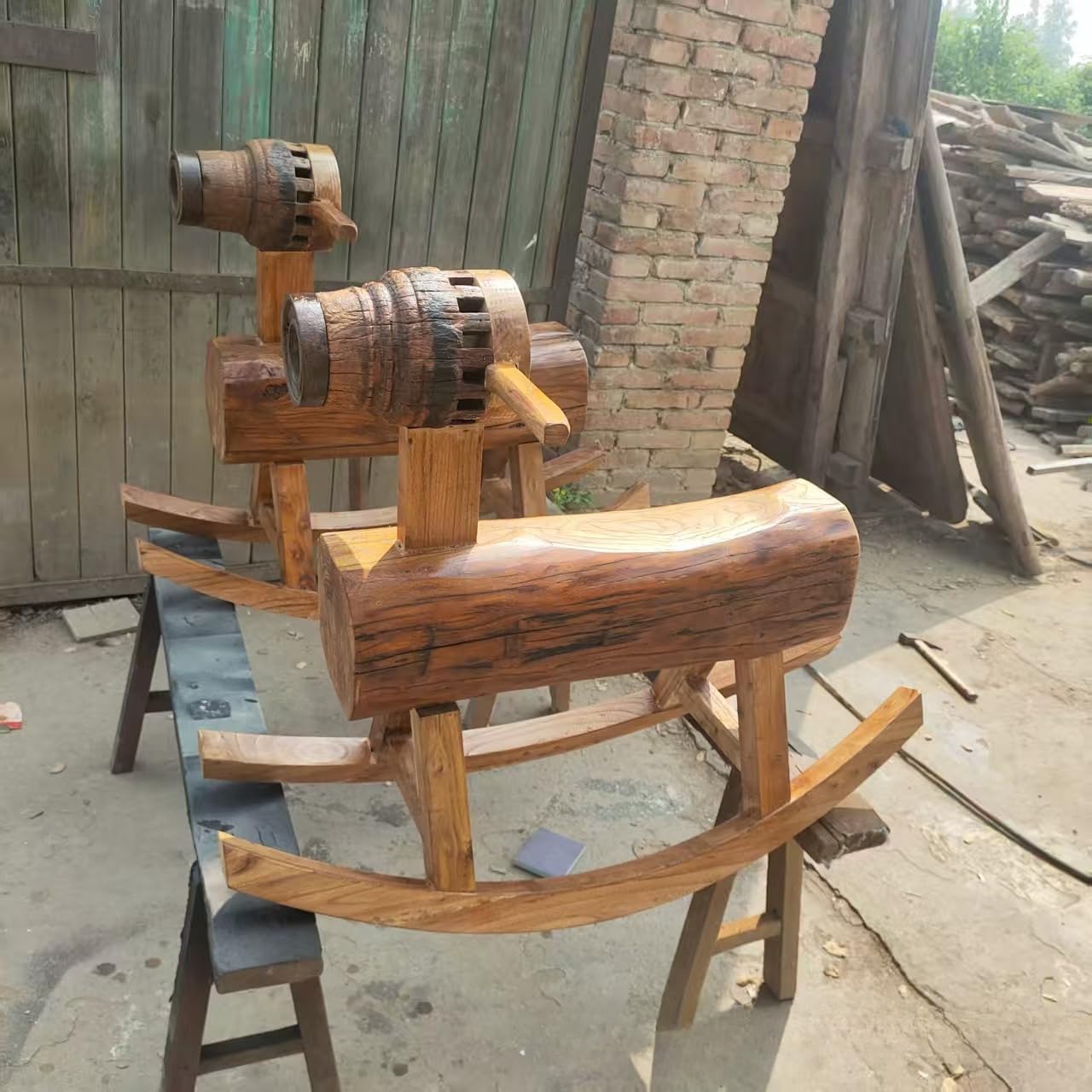 Solid Wood Rocking Horse Chair, Vintage Rustic Rocker, Chinese Style Courtyard Balcony Stool, Old Elm Wood Horse Bench for Homestay