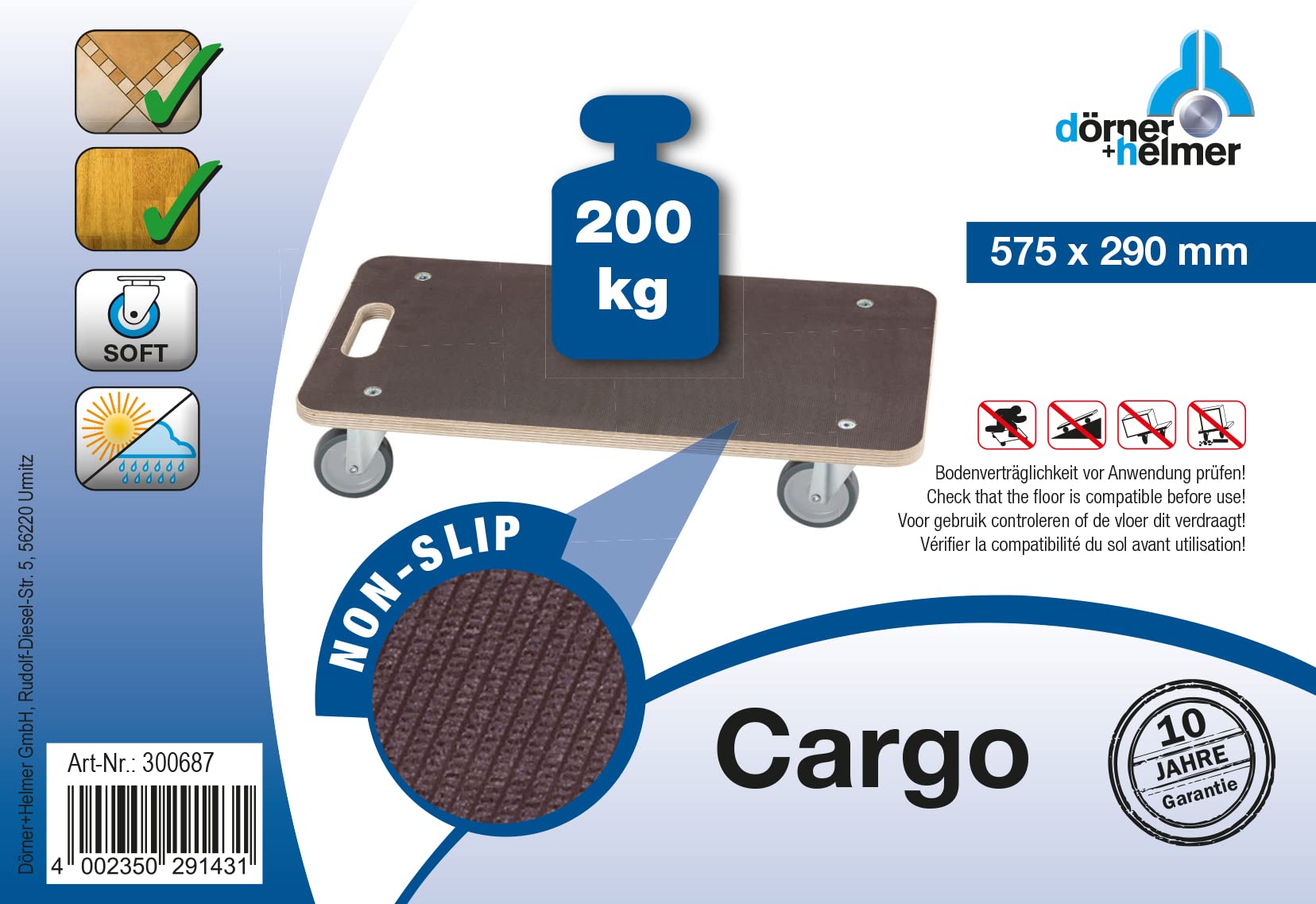 Dörner + Helmer - 300687 - Carrello Cargo con rotelle, carico 200 kg, gommini per moquette, piastrelle e parquet