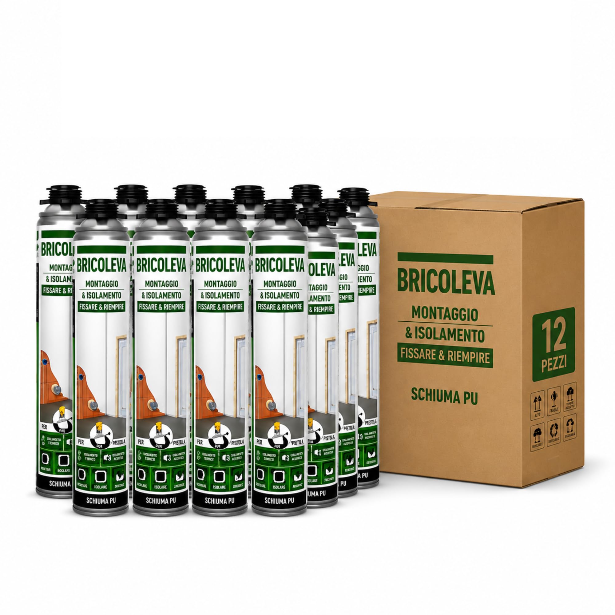 BRICOLEVA Set 12 Schiuma Poliuretanica per Pistola da 750 ml - Isolamento Termico e Acustico, Alta Espansione Colore Champagne - Sigillante Poliuretano Espanso per Riempimento Fessure (12 Pezzi)
