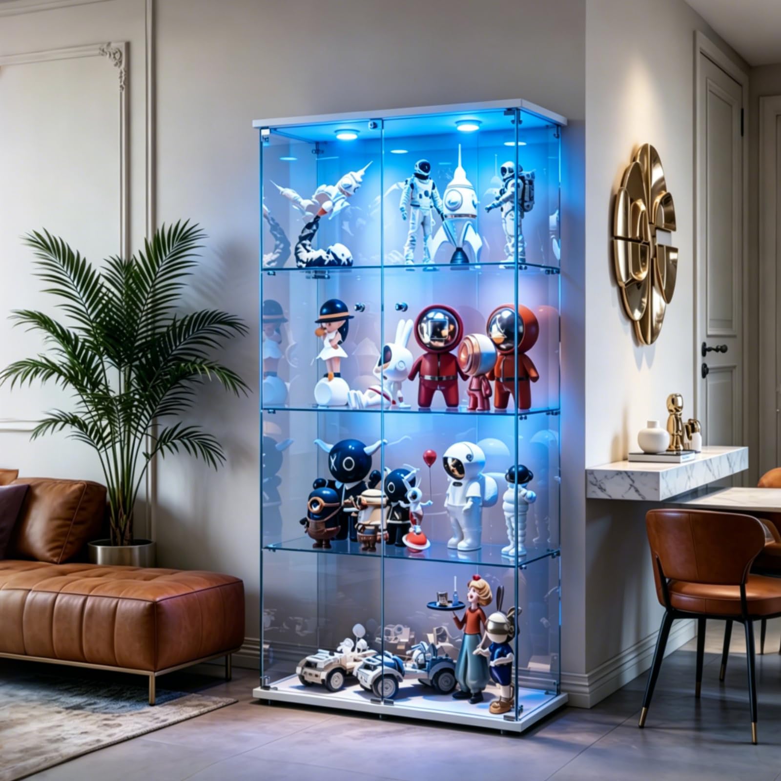 Vitrina con iluminación LED con puertas bloqueables, 4 estantes para modelos coleccionables y recuerdos, elegante vitrina blanca con respaldo de espejo.