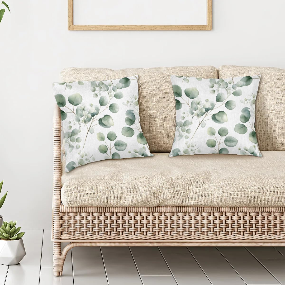 Eucalyptus Leaf Pillow Covers 14 x 14 Inch Set of 2, Throw Pillow Covers Set Cushion Case Decorative Square Linen Pillowcases for Sofa Bed Couch Living Room Car