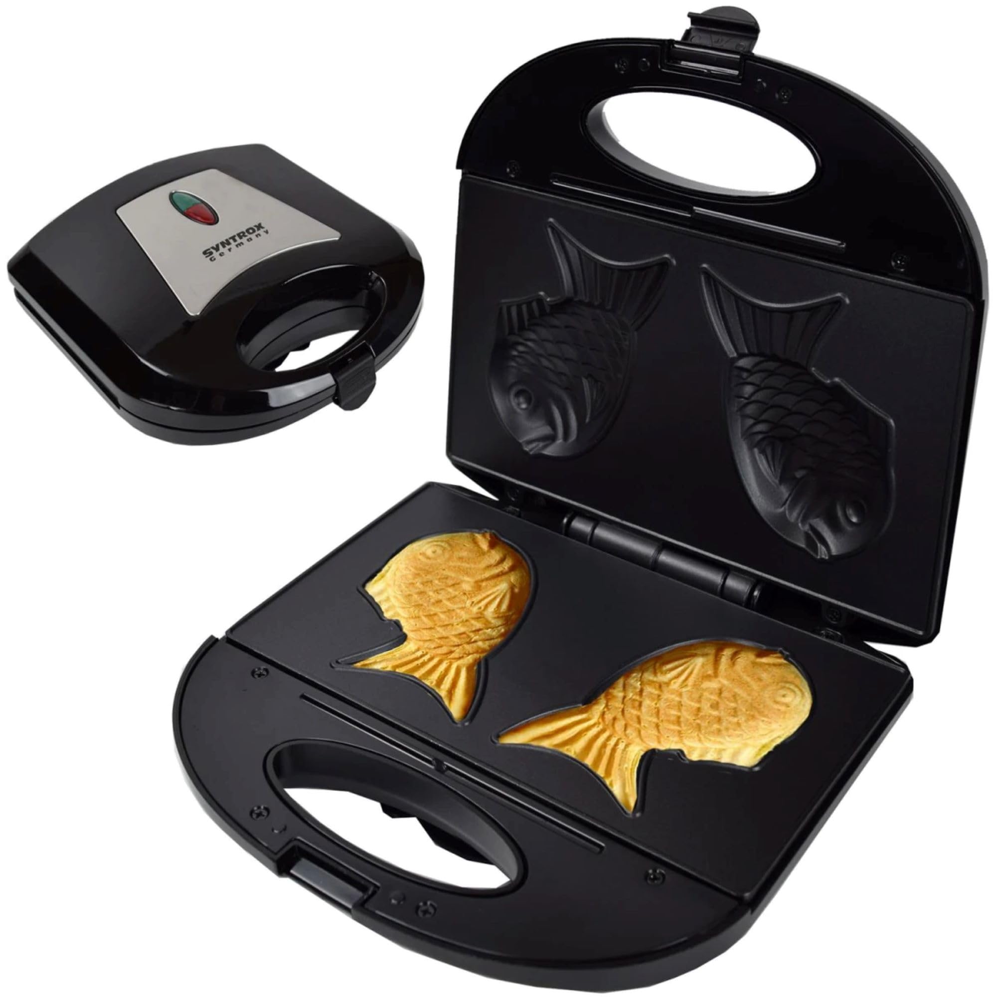 Syntrox Taiyaki Maker | Grill | Fisch Waffeleisen Fischform | Japanisches Gebäck, 750W, japanische Süßspeisen, Überhitzungsschutz, Küchenhelfer, rutschfeste Backplatte, Edelstahl
