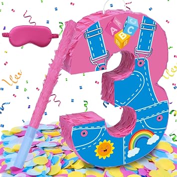 Pink Party Decorations,15.7 Pink Number 3 Pinata with Stick Blindfold Confetti for Girls Boys 3rd Anniversary Party Decorations & Supplies 3rd