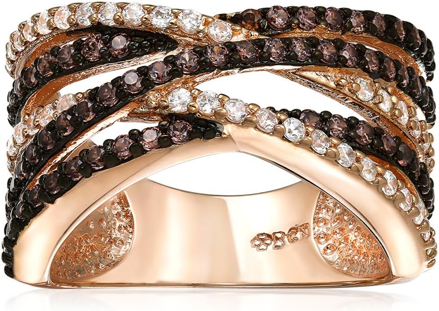 Bling Jewelry Crossover Statement Criss Cross Two Tone Brown Coffee Pave AAA CZ Statement Band Ring For Women Rose Gold Plated Brass - Image 2