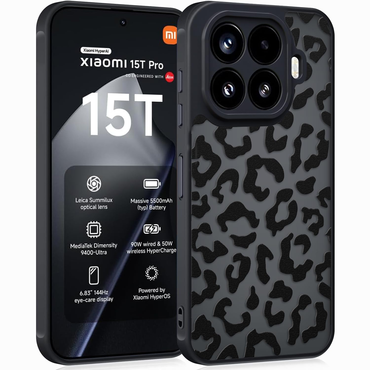 Coqinen Handyhülle für iPhone 15 Pro Hülle, Matt Transluzente Case mit Stilvolle Leopard Muster, Silikon Aesthetic Schutzhülle mit Kratzfeste PC Rückseite + Stoßfest TPU Bumper - Schwarz
