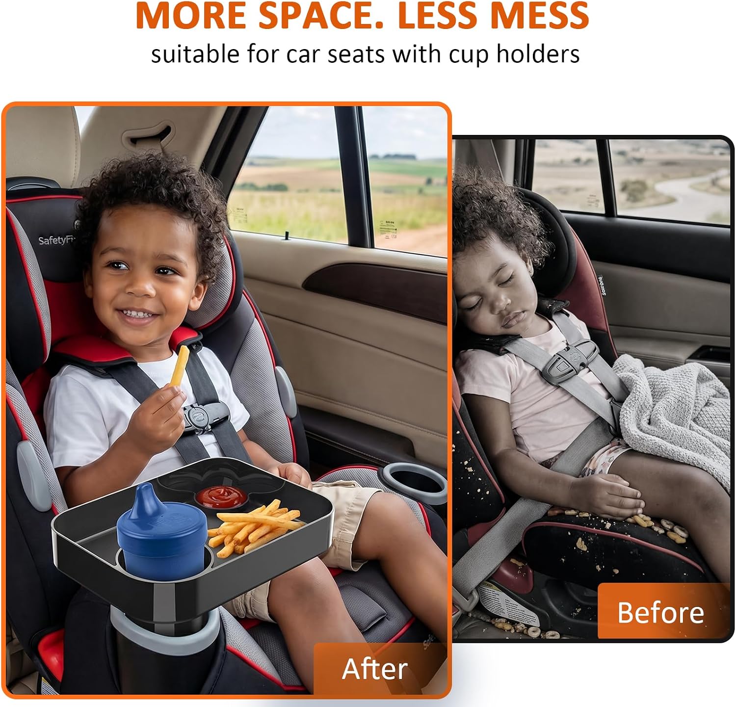Car Seat Snack Tray for Toddlers, Square Mess-Free Car Seat Tray with Cup Holder & Dip Compartment, Travel Tray for Kids Snacks, Drinks, Fits Most Car Safety Seats (1, Black)