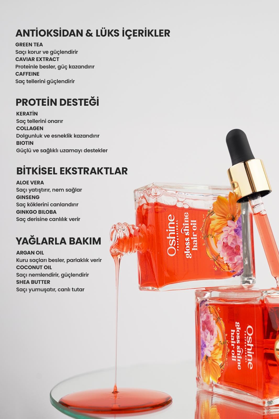 OSHİNE Saç Bakım Yağı 50 ml – Cansız ve Mat Saçlar İçin Nem ve Parlaklık Desteği, Besleyici Bakım