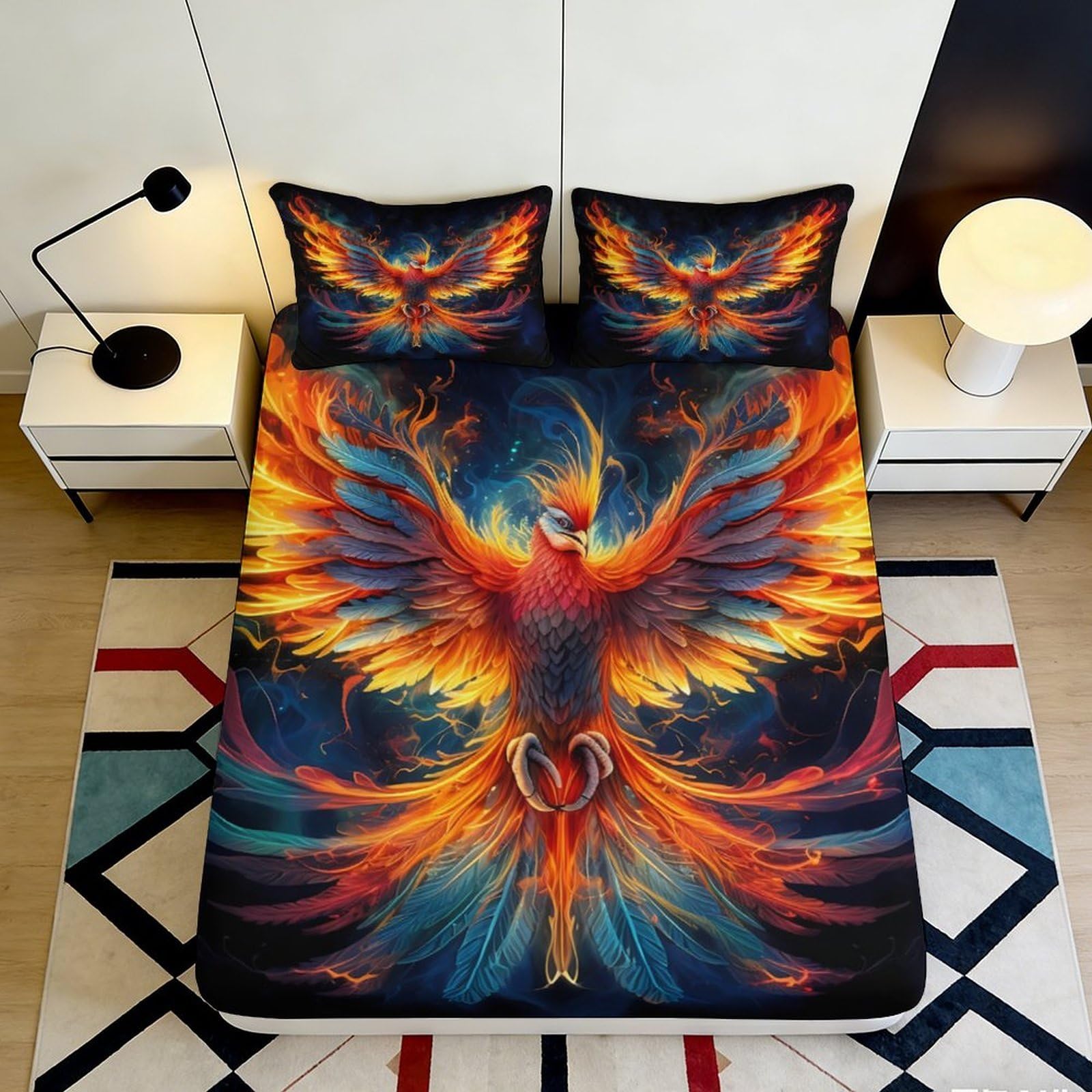 3D Printed Fiery Phoenix Fitted Sheet Microfiber Soft Anti-Slip Fantasy Fire Bird Mattress Cover for Bedroom Guest Room Decor 90x200x25cm