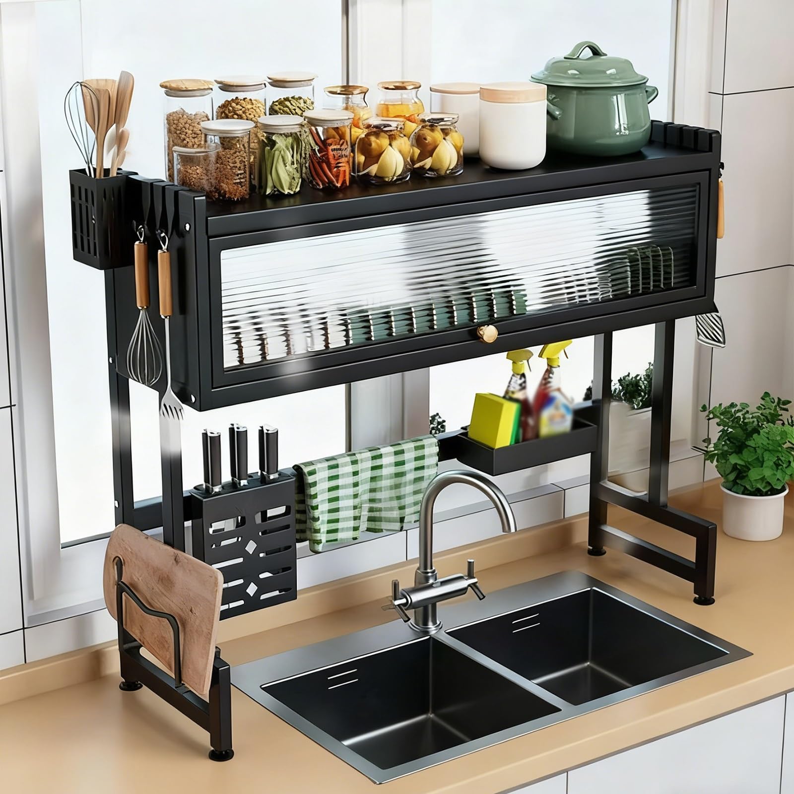 Escurridor de platos sobre el fregadero, estante de secado de metal grande para encimera que ahorra espacio con cubierta para platos, vasos, cuencos y cubiertos