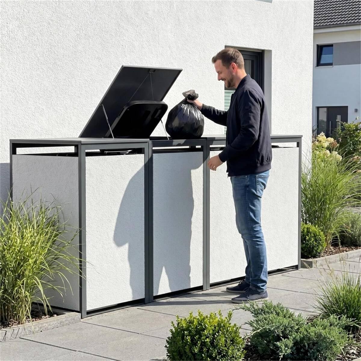 Metzler Mülltonnenbox mit Rauputz Weiß für 4 Mülltonnen bis 240L | Wetterfeste Mülltonnenverkleidung aus Stahl | Pulverbeschichtete Müllbox für Außenbereich | Weiß/Anthrazit
