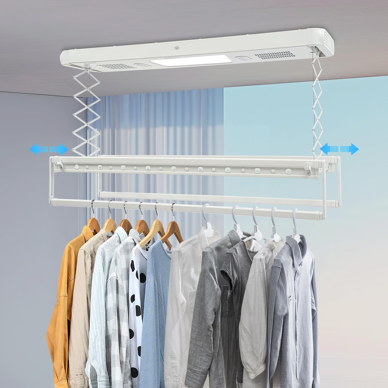 Séchoir à linge électrique pour montage au plafond, mural et au plafond avec ventilateur + télécommande + stérilisation à lumière bleue, étendoir à linge élévant, plafond, 130 à 215 cm, réglable