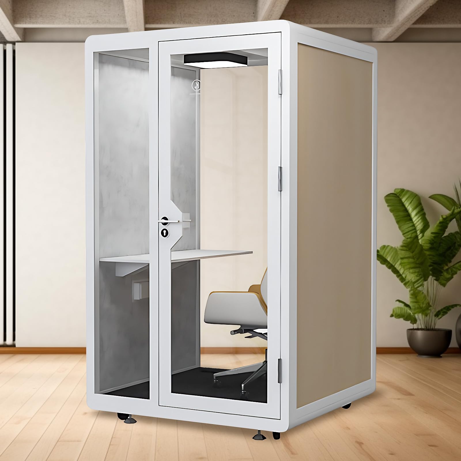 X-Comfot Office Pod Booth with Audio Privacy - Removable Sound Booth Includes White with Wood Grain Side Trim,Soundproof Room with Light,Fans, Socket