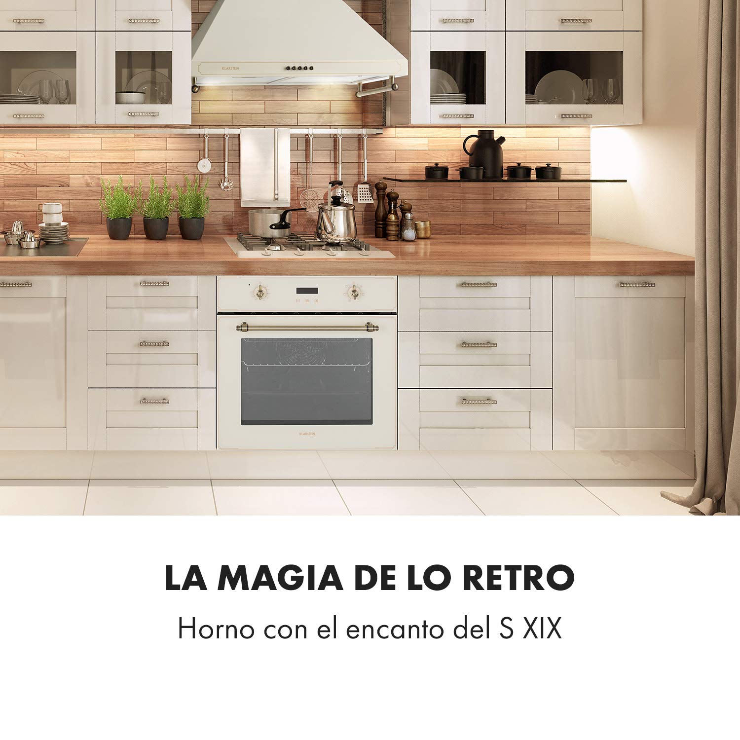 Klarstein Elizabeth - Horno eléctrico encastrable, Potencia 2.200 W, Circulación de aire, Función grill, Temporizador, Voluen 70 L, 5 ranuras, 50-250 °C, Iluminación interior, Pantalla digital, Crema