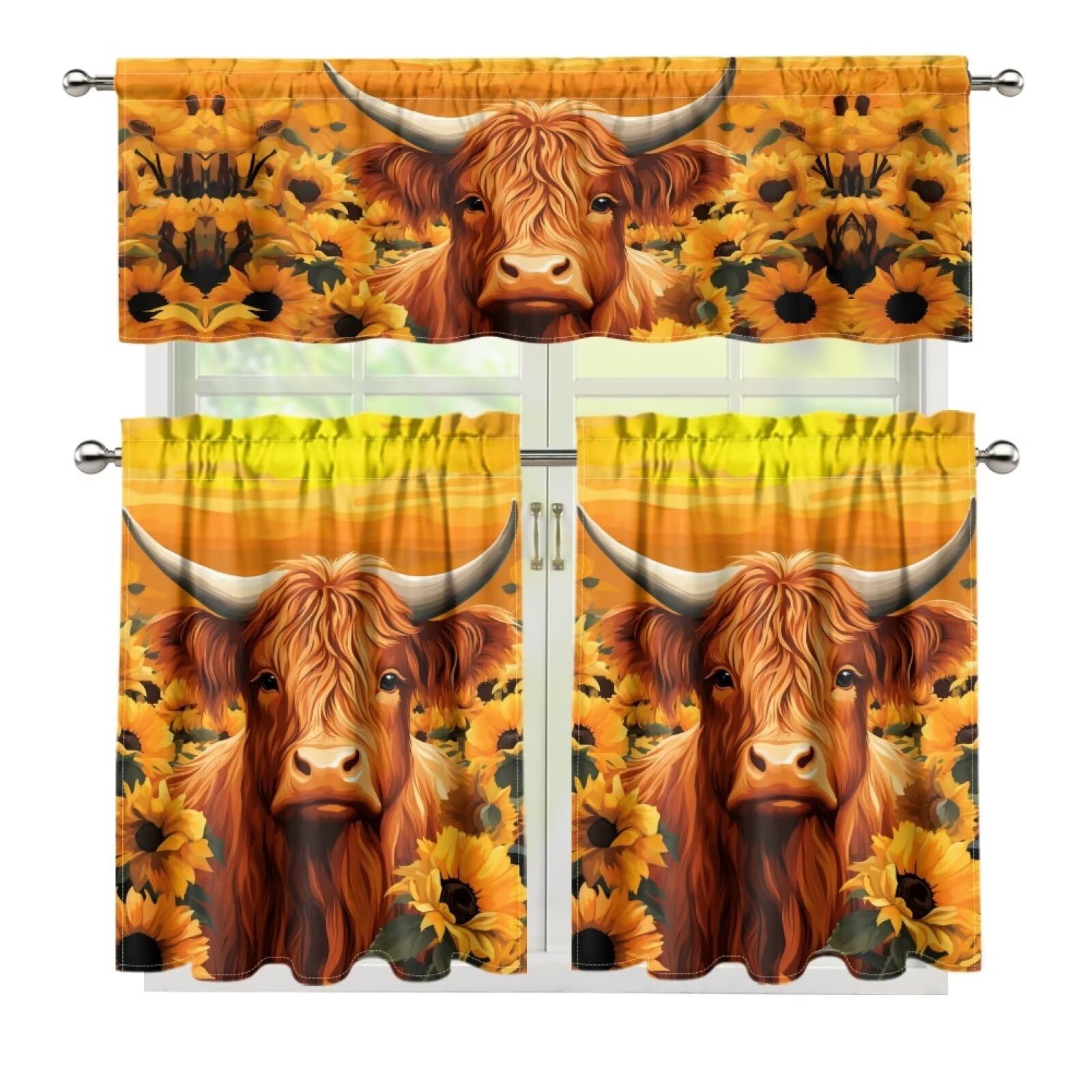 ZFRXIGN Highland Cow & Sonnenblumen Küchenvorhang-Set – 3-teilig, Mit Stangentasche, Verschiedene Größen