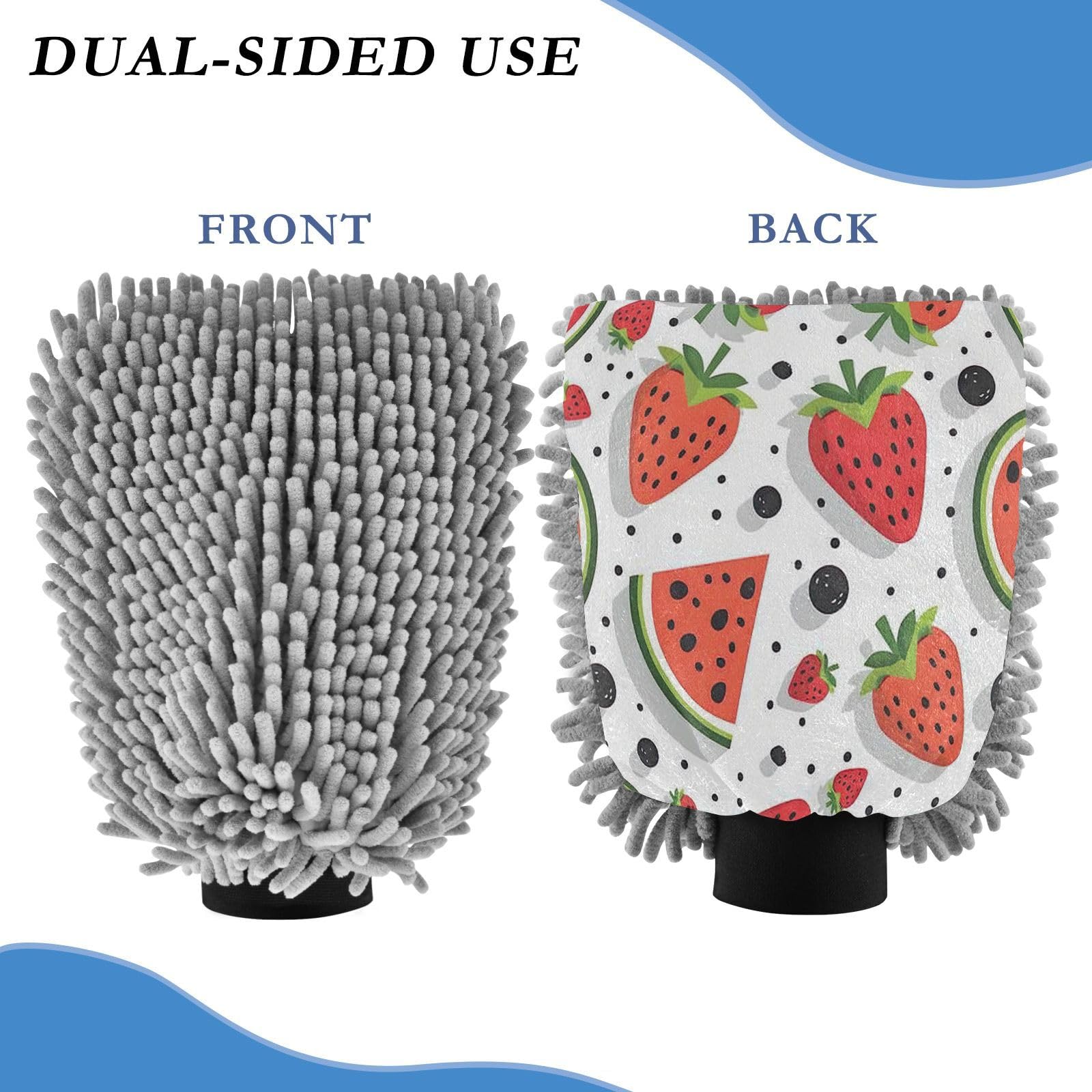 Kigai Cartoon Watermelon Car Wash Mitt Microfiber, 2Pcs Scratch Free Lint-Free, Premium Chenille Microfiber Mitt Car Wash Brush-L