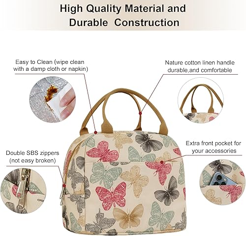Miniatura 5 de EurCross Bolsa de almuerzo de mariposa beige para mujer, almacenamiento de artículos necesarios para el trabajo diario, reutilizable, tamaño