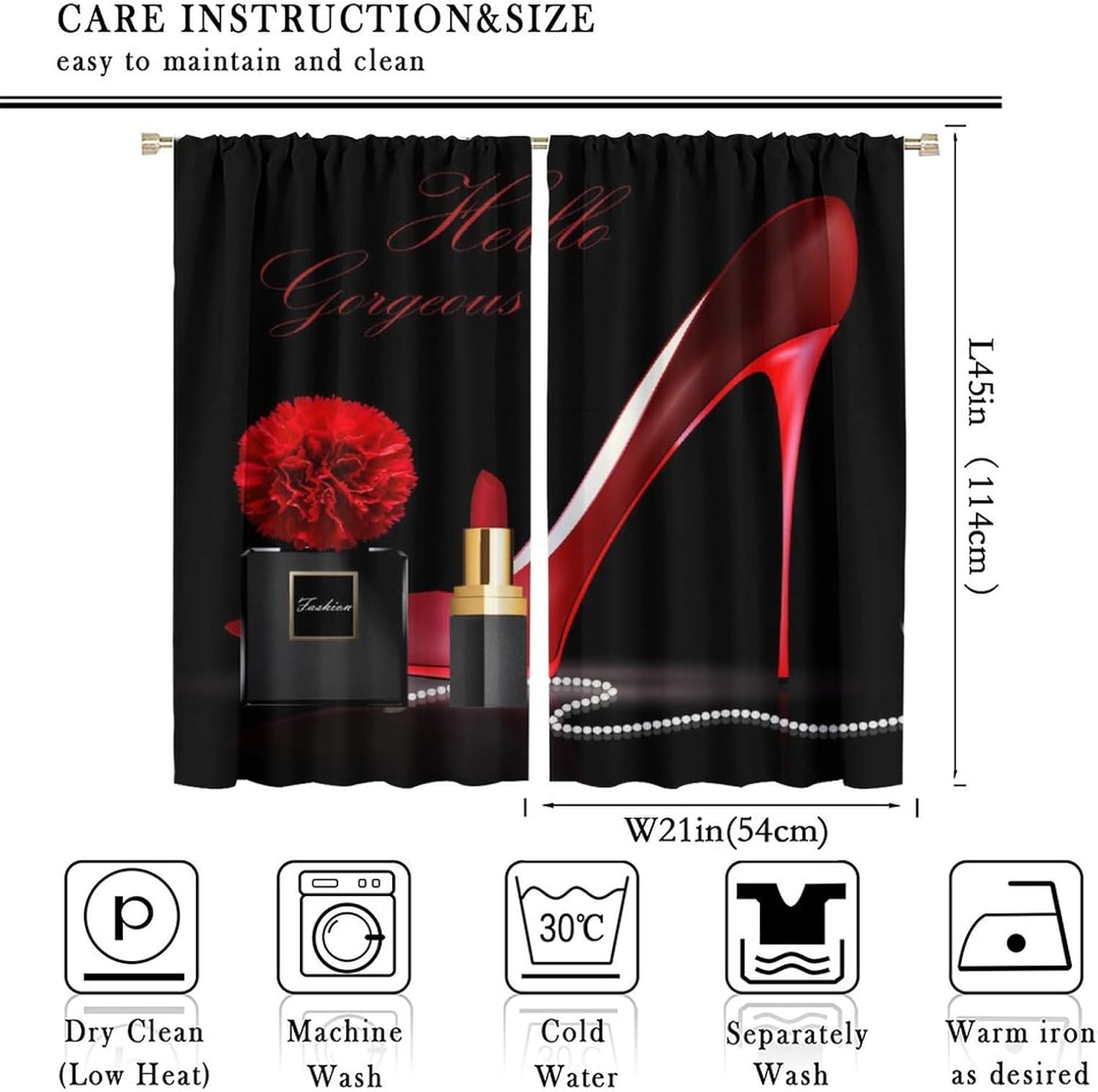 Red High Heel Bathroom Curtains,Gorgeous Black Perfume Rose Flower Lipstick Fashion Makeup Romantic Women Girls Bedroom Living Room Home Decor Blackout Drapes 42x45in