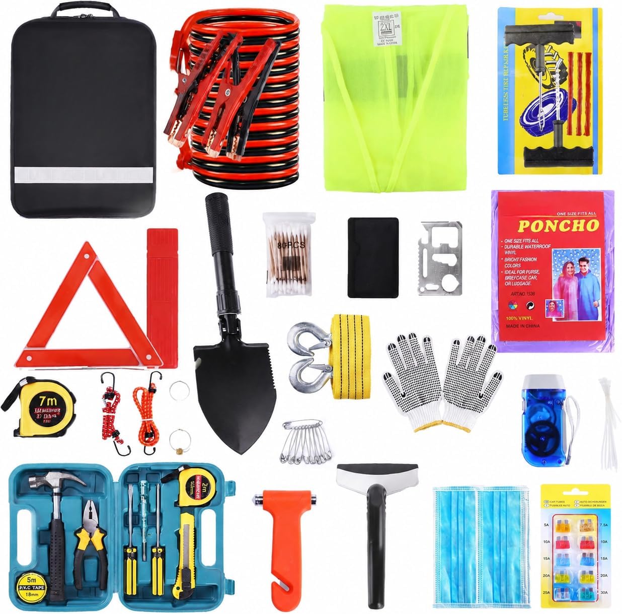 Roadside Emergency Car Kit with Jumper Cables, Tow Strap, First Aid Safety Tools, Reflective Triangle, Survival Gear, Vehicle Emergency Kit for Car Truck SUV RV Travel Breakdown Assistance Kit