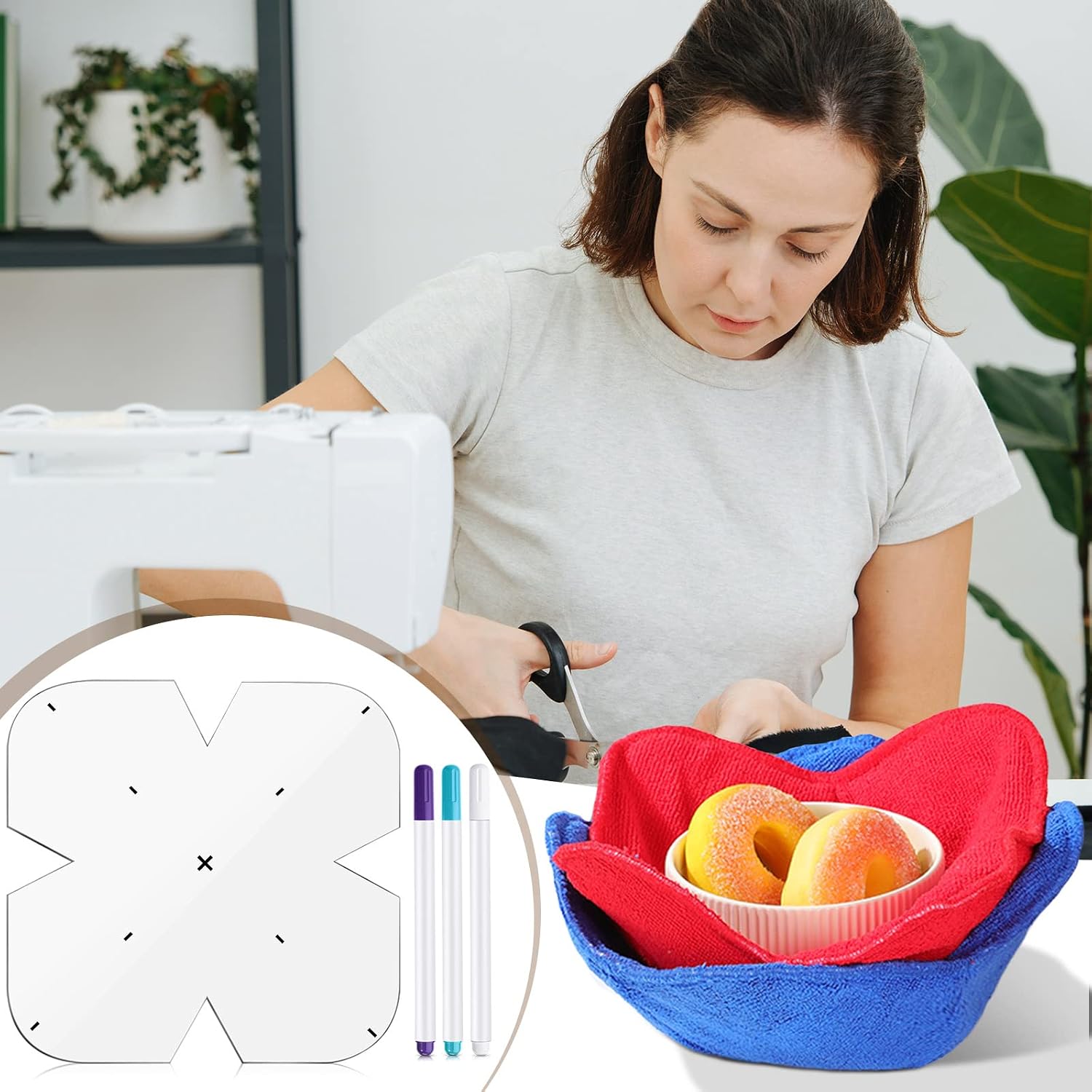 3 Pieces Bowl Cozy Pattern Template 3 Sizes 8/10/12 Inch Clear Acrylic Bowl Wrap Sewing Pattern Template with 3 Pieces Water Soluble Pen Bowl Batting Quilting Template Cut on Fold Stencil (Round Edge)