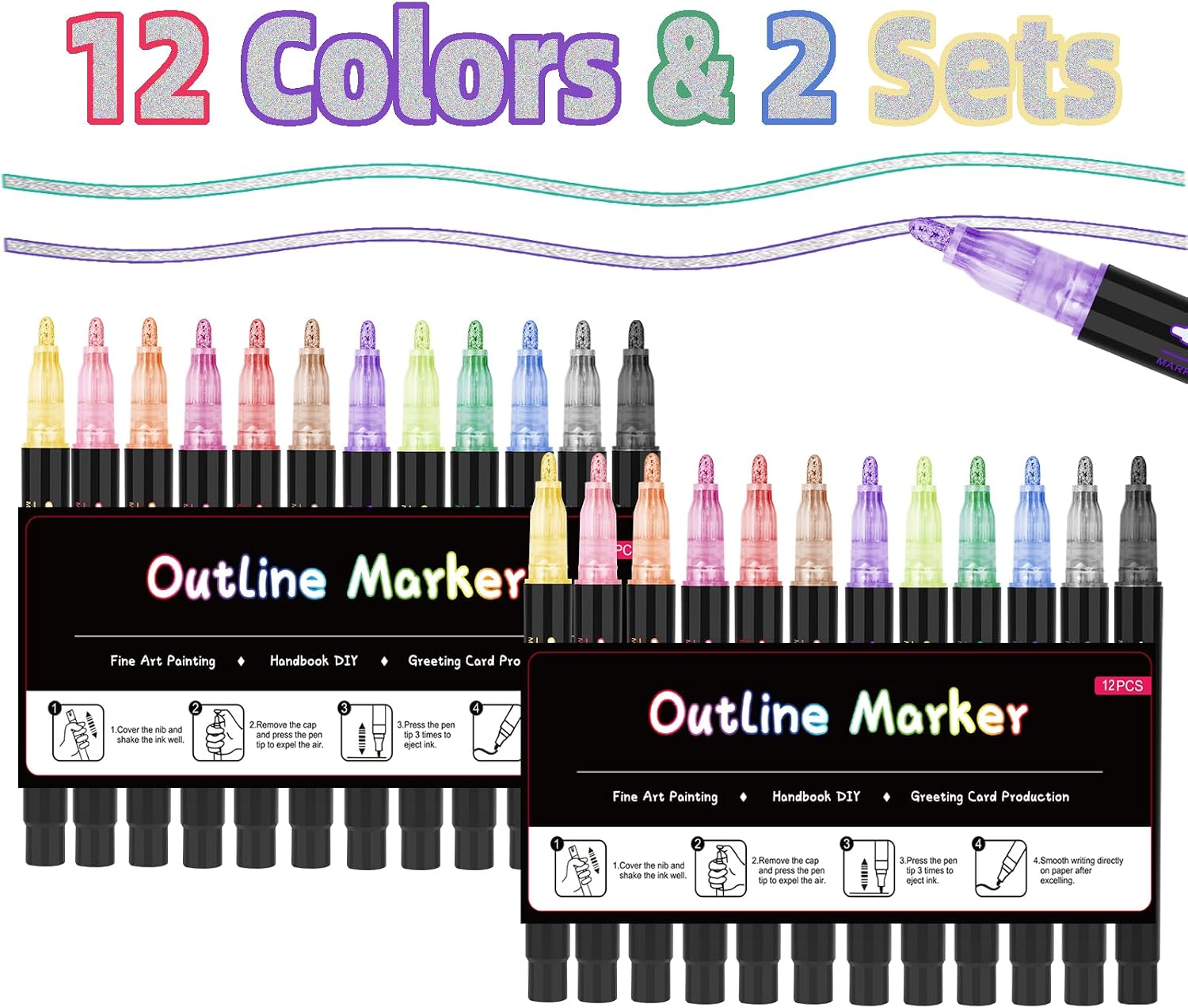 OLINGYOU Outline Markers,2 Sets Shimmer Markers Set, Self Outline Metallic Outline Marker Pen Set for Art, Drawing, Doodling, Card Making, Greeting Cards, DIY Crafts image 2