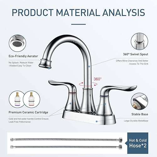 Miniatura 10 de Grifo de lavabo de baño de 4 pulgadas, 2 asas, juego central, grifo de baño de níquel cepillado con drenaje emergente y manguera de suministro