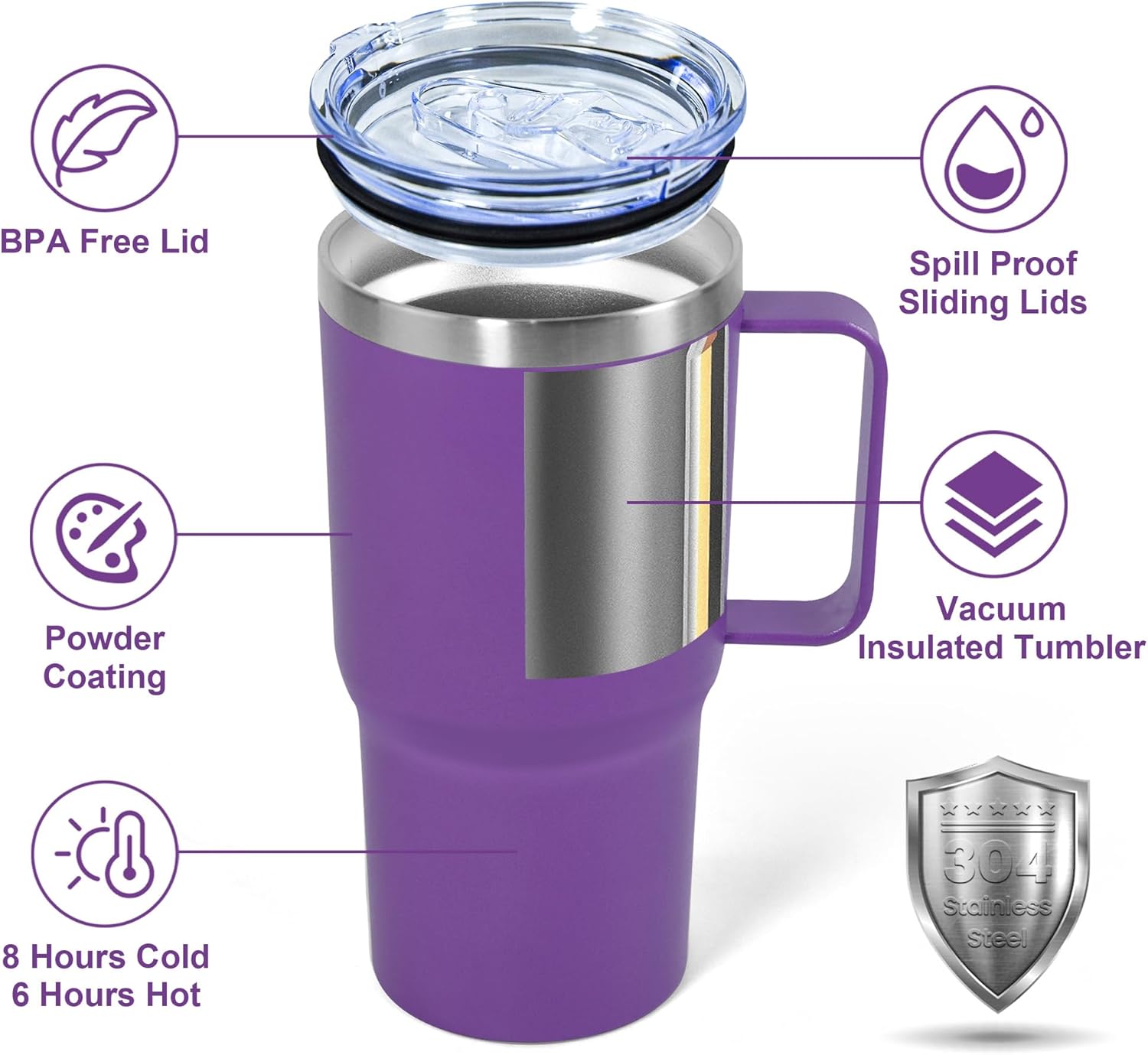 20 oz Tumbler with Handle, insulated cup coffee mug with lid, straw and handle, Double Wall Stainless Steel Vacuum Coffee Tumbler travel mug spill proof, 1pcs Purple - Image 3