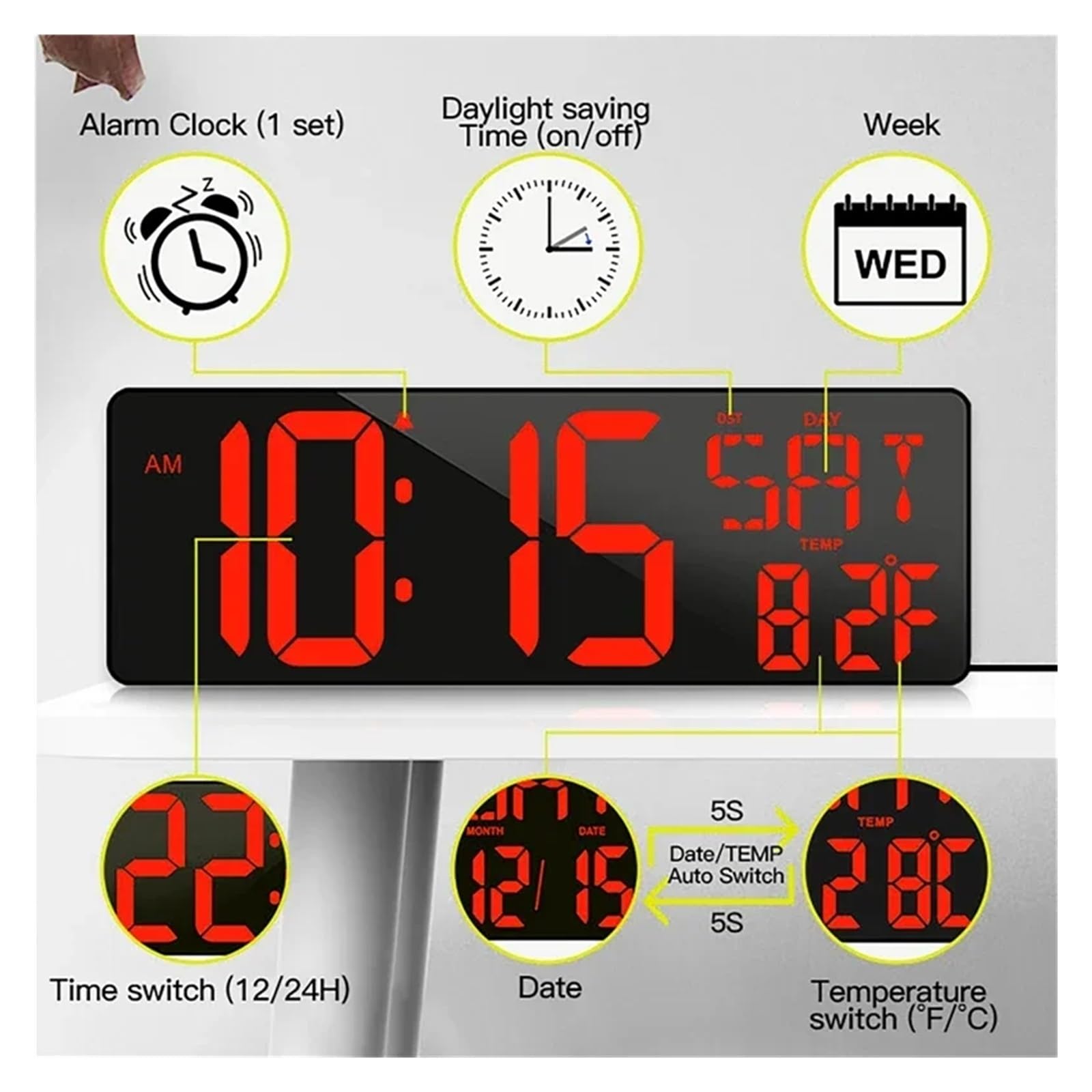 42 cm duży ekran LED cyfrowy zegar z wiecznym kalendarzem, jaość regulowana temperatura wyświetlacz daty tydzień budzik z RE(Red Black)